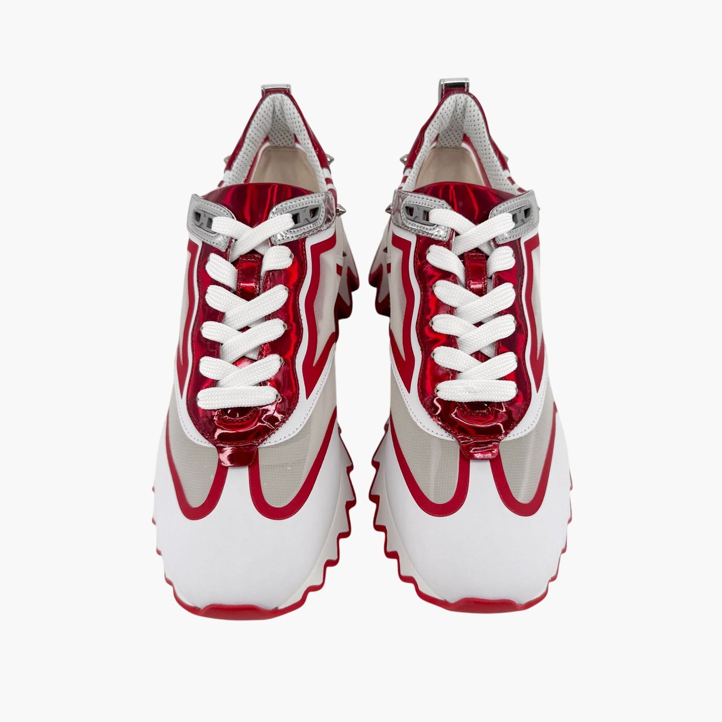 Christian Louboutin Sharkina Sneakers in White Mesh & Red Psychic Patent – Size 39.5