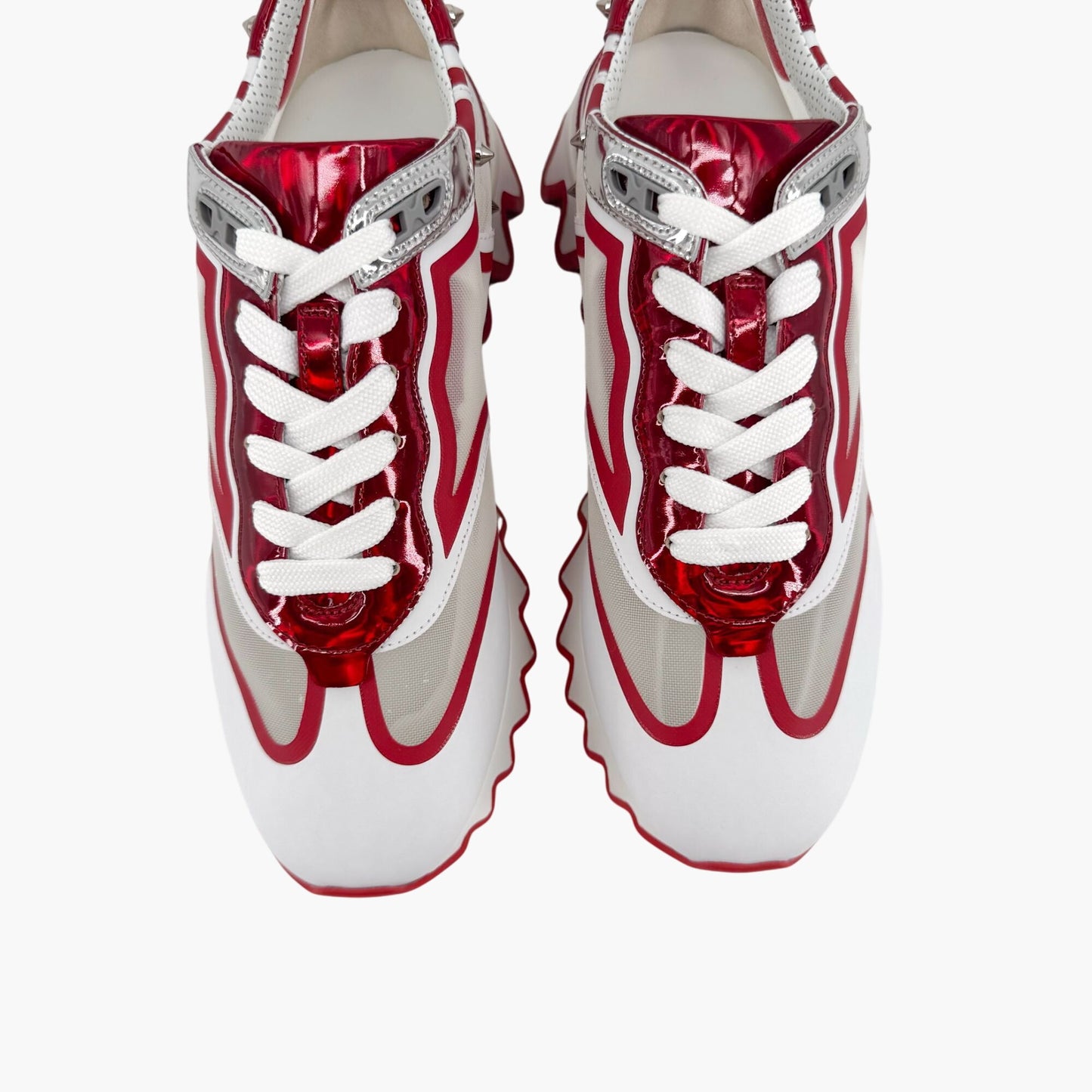 Christian Louboutin Sharkina Sneakers in White Mesh & Red Psychic Patent – Size 39.5