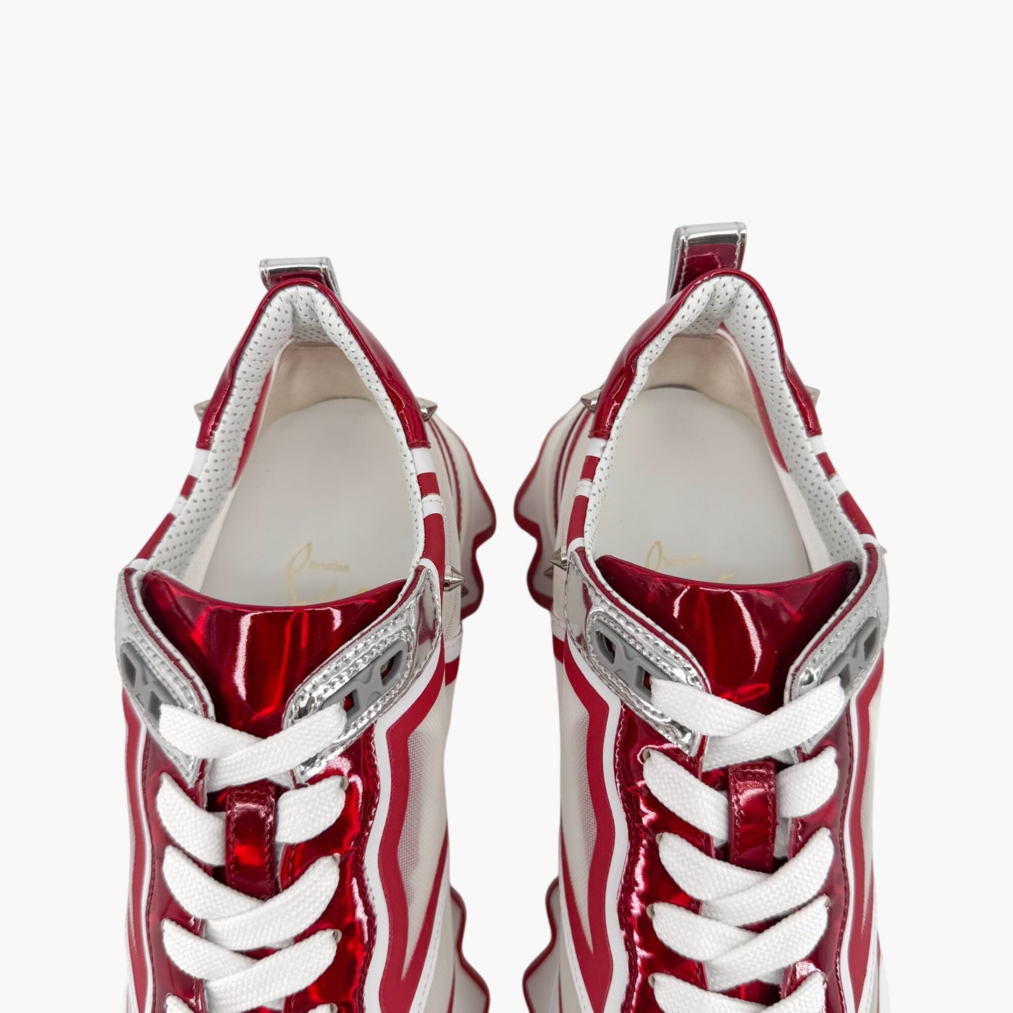 Christian Louboutin Sharkina Sneakers in White Mesh & Red Psychic Patent – Size 39.5