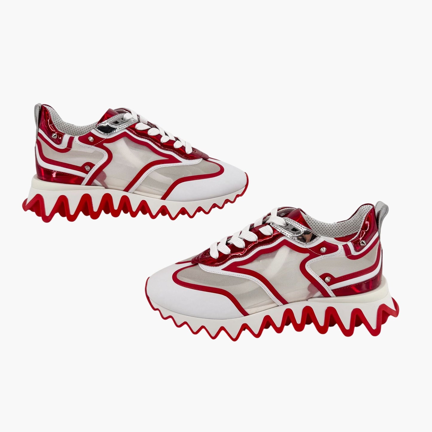 Christian Louboutin Sharkina Sneakers in White Mesh & Red Psychic Patent – Size 39.5