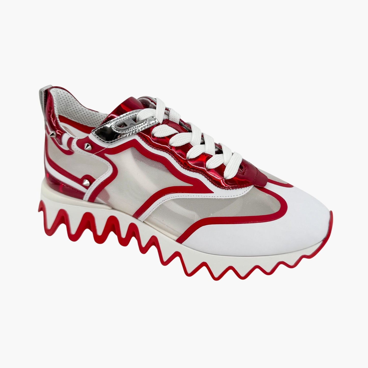 Christian Louboutin Sharkina Sneakers in White Mesh & Red Psychic Patent – Size 39.5