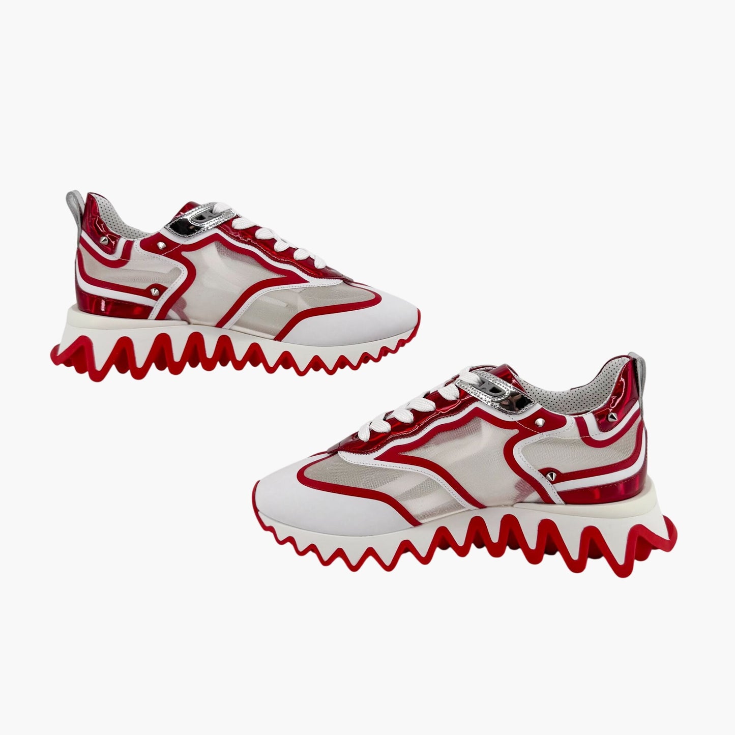 Christian Louboutin Sharkina Sneakers in White Mesh & Red Psychic Patent – Size 39.5