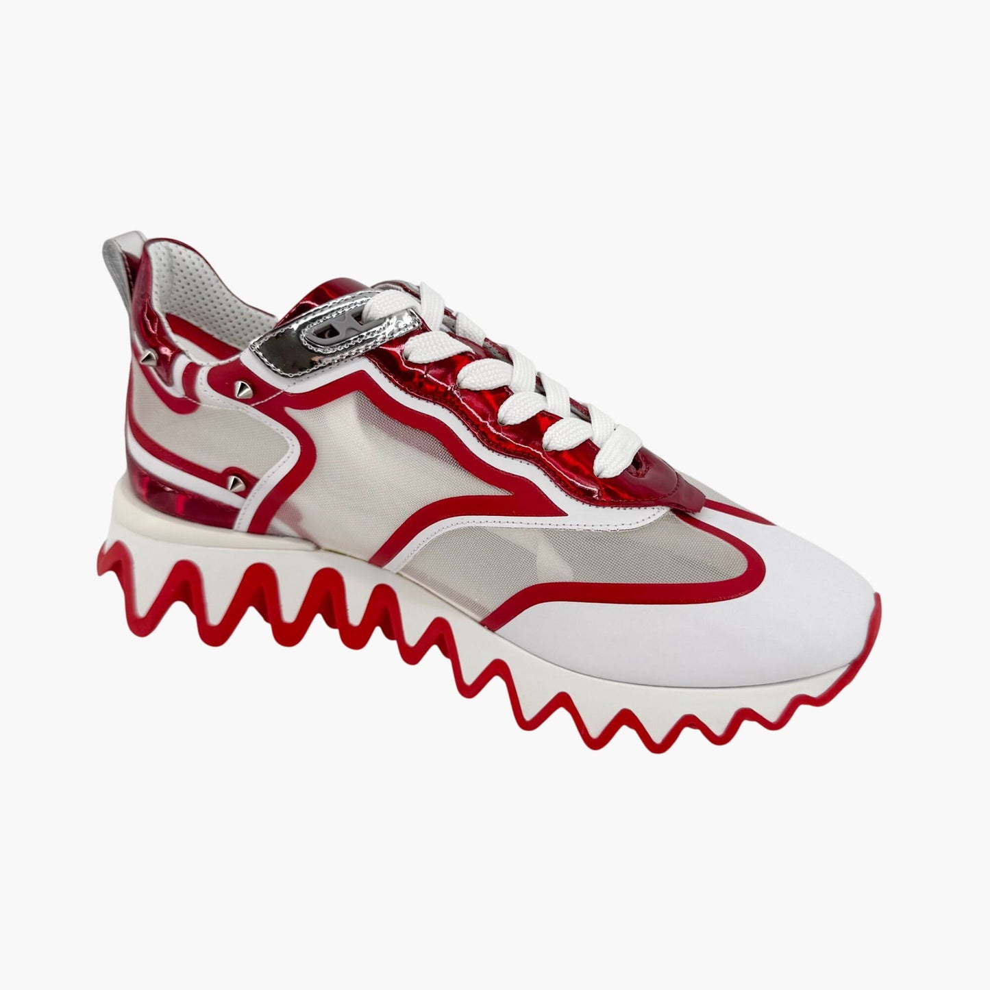 Christian Louboutin Sharkina Sneakers in White Mesh & Red Psychic Patent – Size 39.5