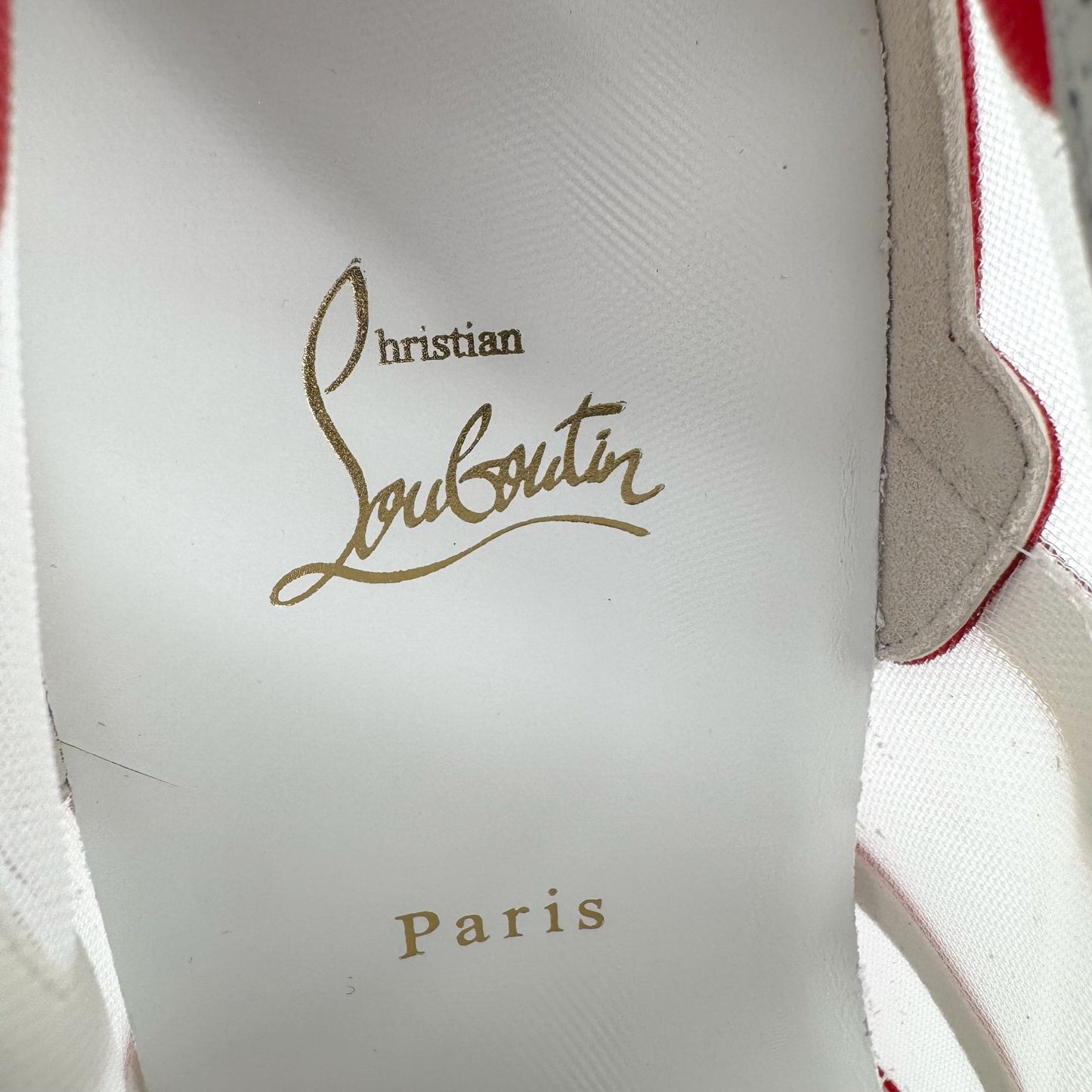 Christian Louboutin Sharkina Sneakers in White Mesh & Red Psychic Patent – Size 39.5