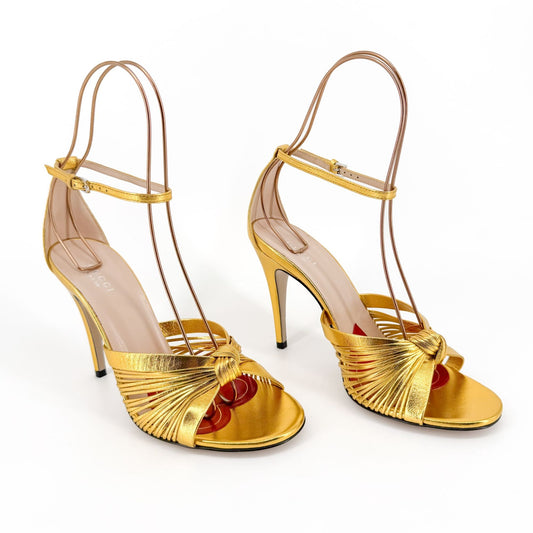 Gucci Crawford Knot Sandals in Metallic Gold Leather Size 38.5