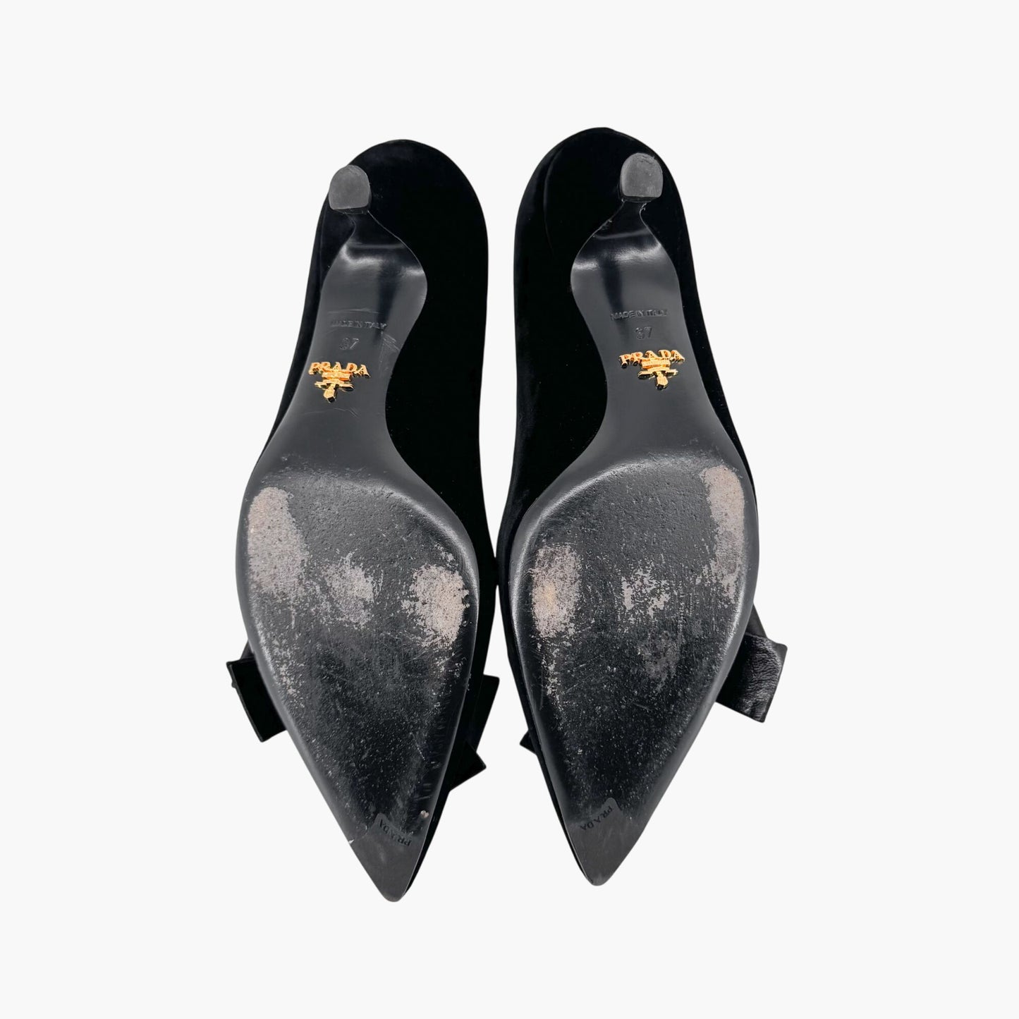 Prada Pointed Toe Bow Kitten Pumps in Black Velvet Size 37