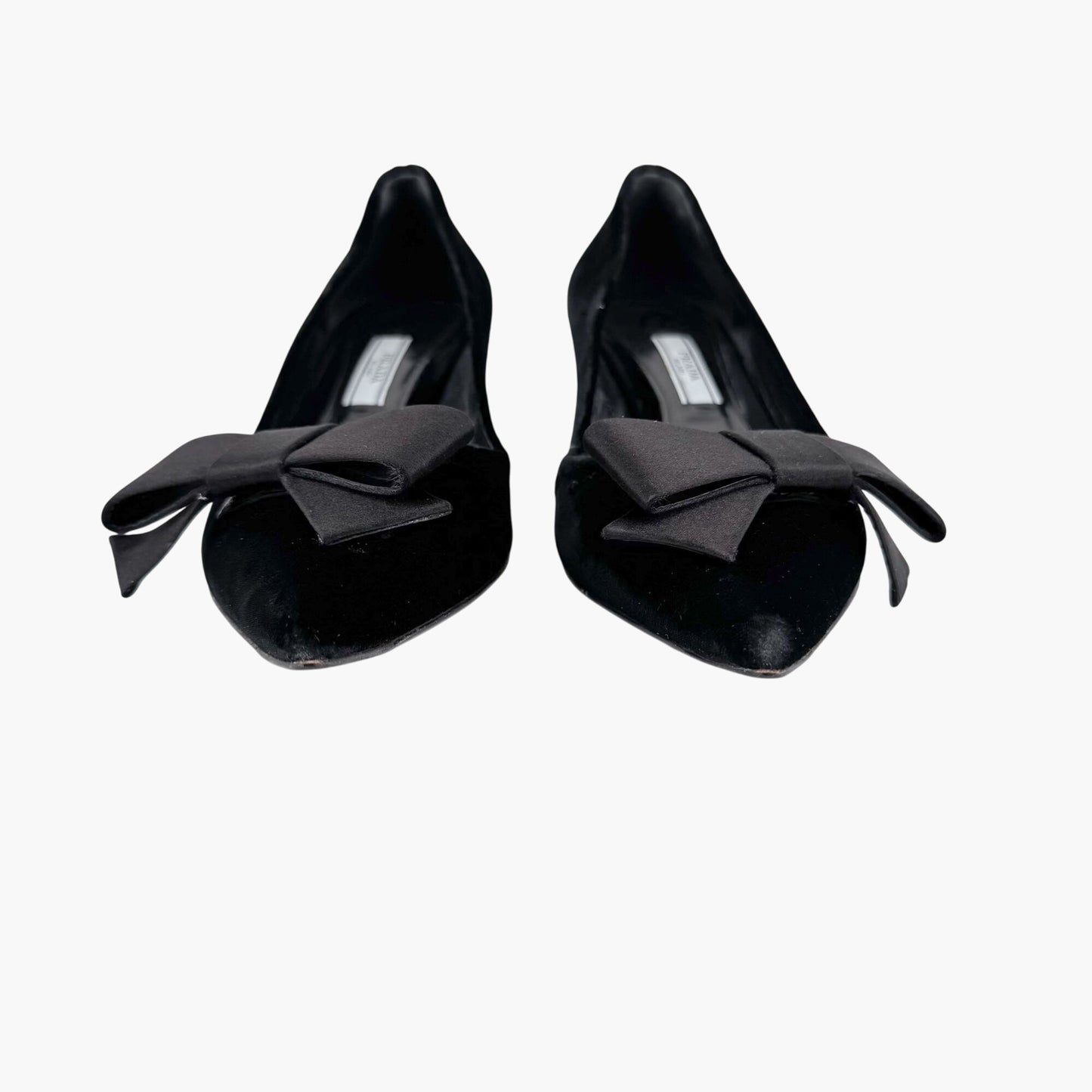 Prada Pointed Toe Bow Kitten Pumps in Black Velvet Size 37