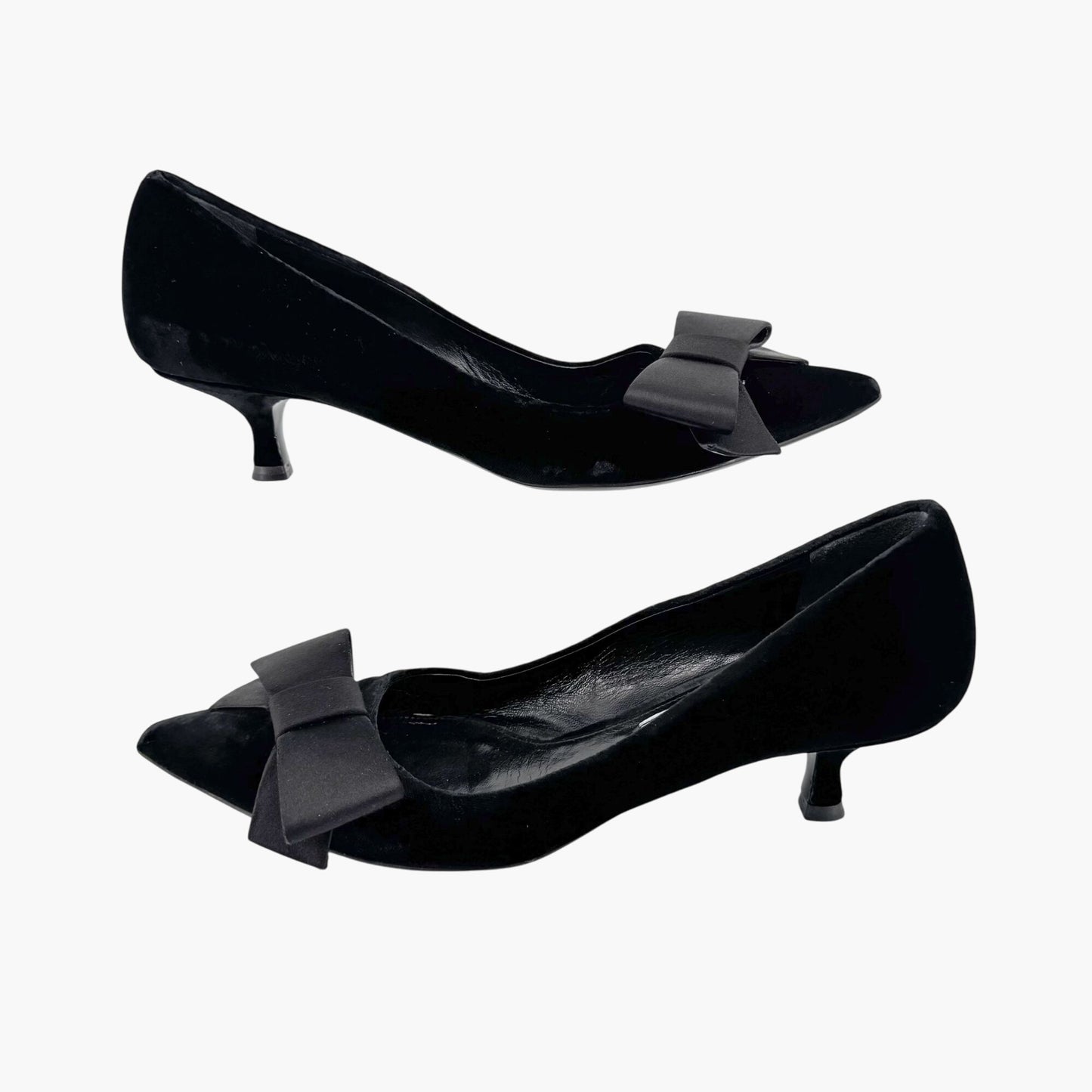 Prada Pointed Toe Bow Kitten Pumps in Black Velvet Size 37
