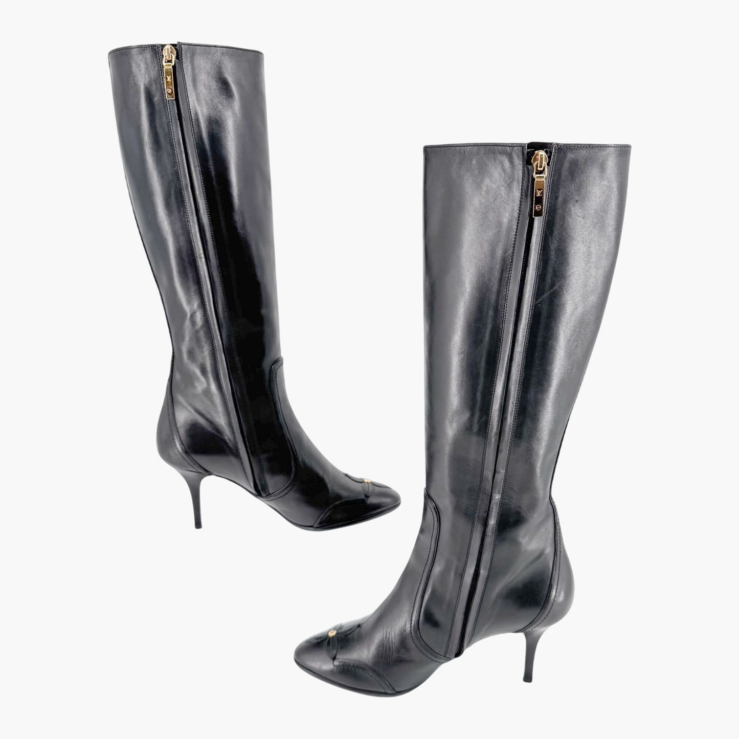 Louis Vuitton Knee High LV Blossom Boots in Black Leather Size 37.5