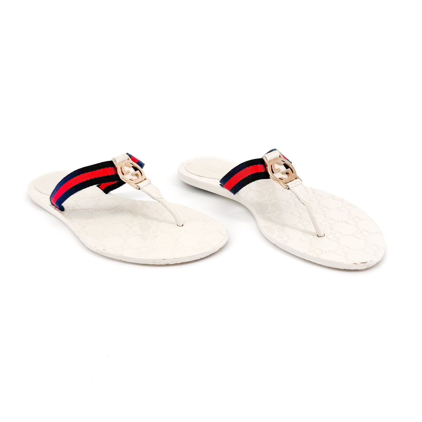 Gucci GG Web Stripe Thong Sandals in White Monogram Leather Size 39.5