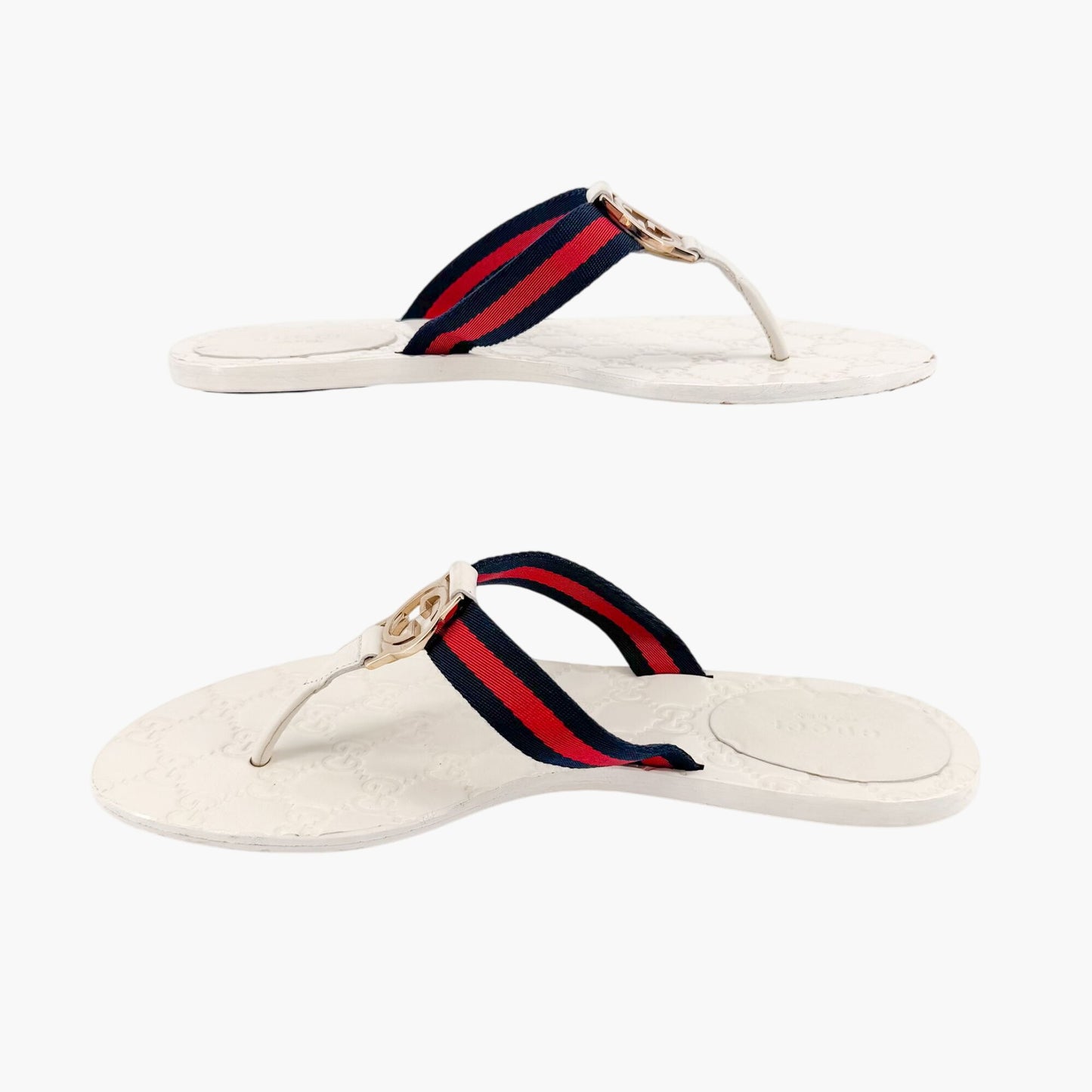 Gucci GG Web Stripe Thong Sandals in White Monogram Leather Size 39.5
