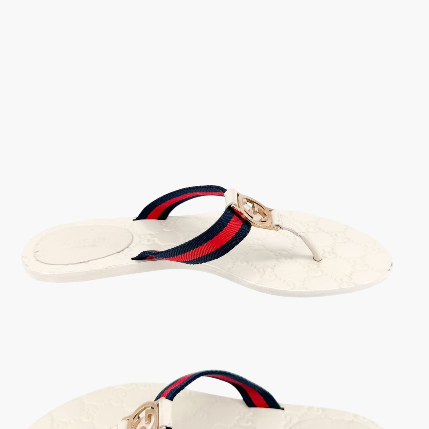 Gucci GG Web Stripe Thong Sandals in White Monogram Leather Size 39.5