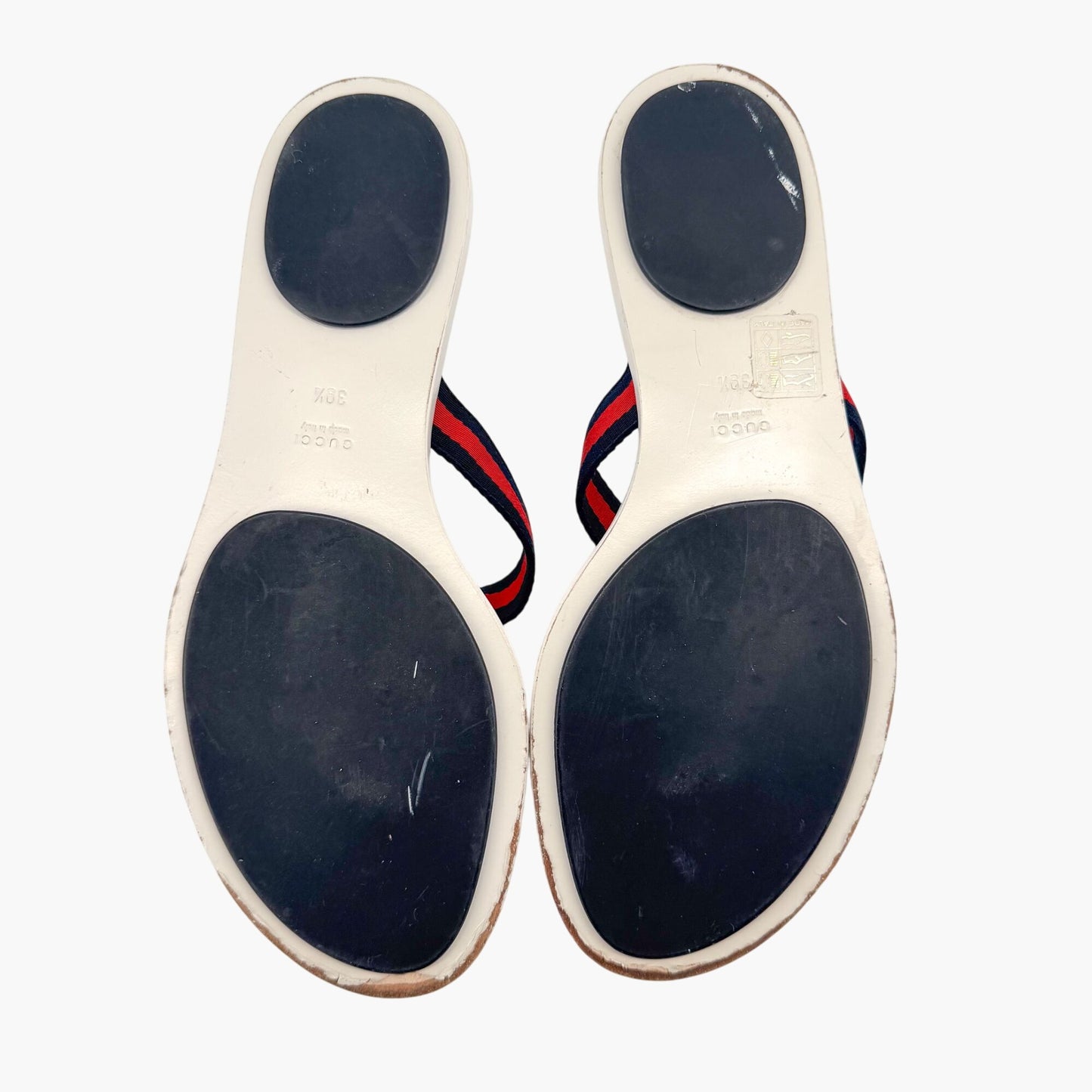 Gucci GG Web Stripe Thong Sandals in White Monogram Leather Size 39.5