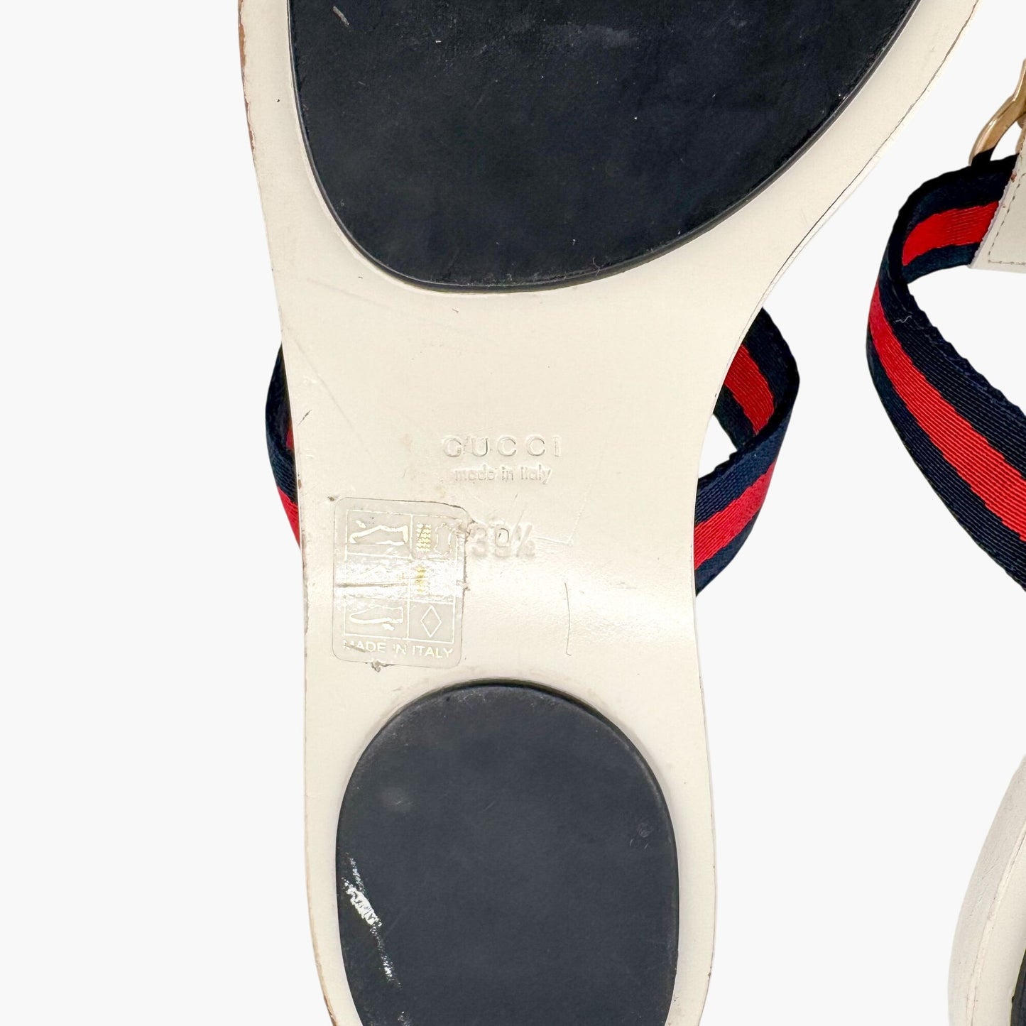 Gucci GG Web Stripe Thong Sandals in White Monogram Leather Size 39.5