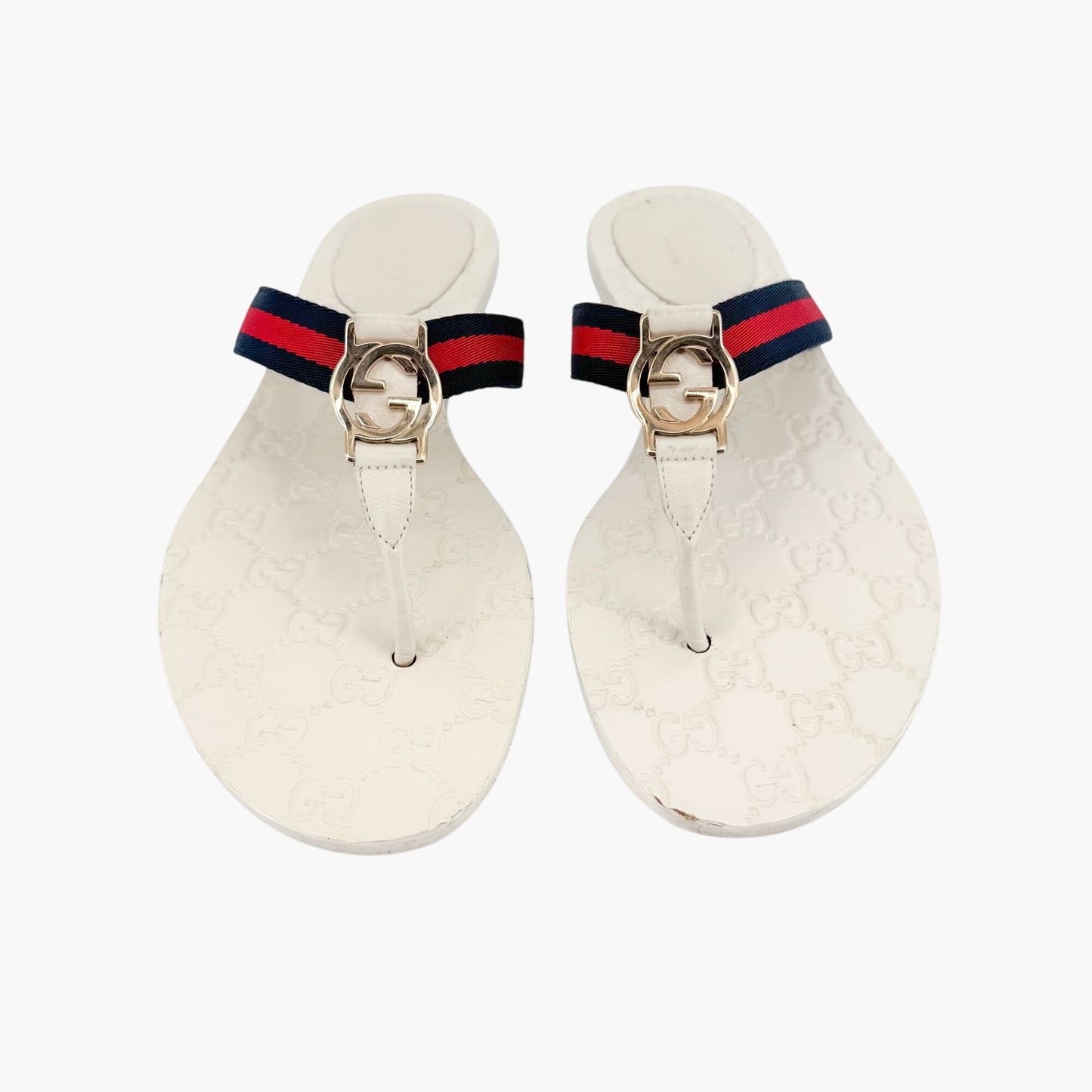 Gucci GG Web Stripe Thong Sandals in White Monogram Leather Size 39.5