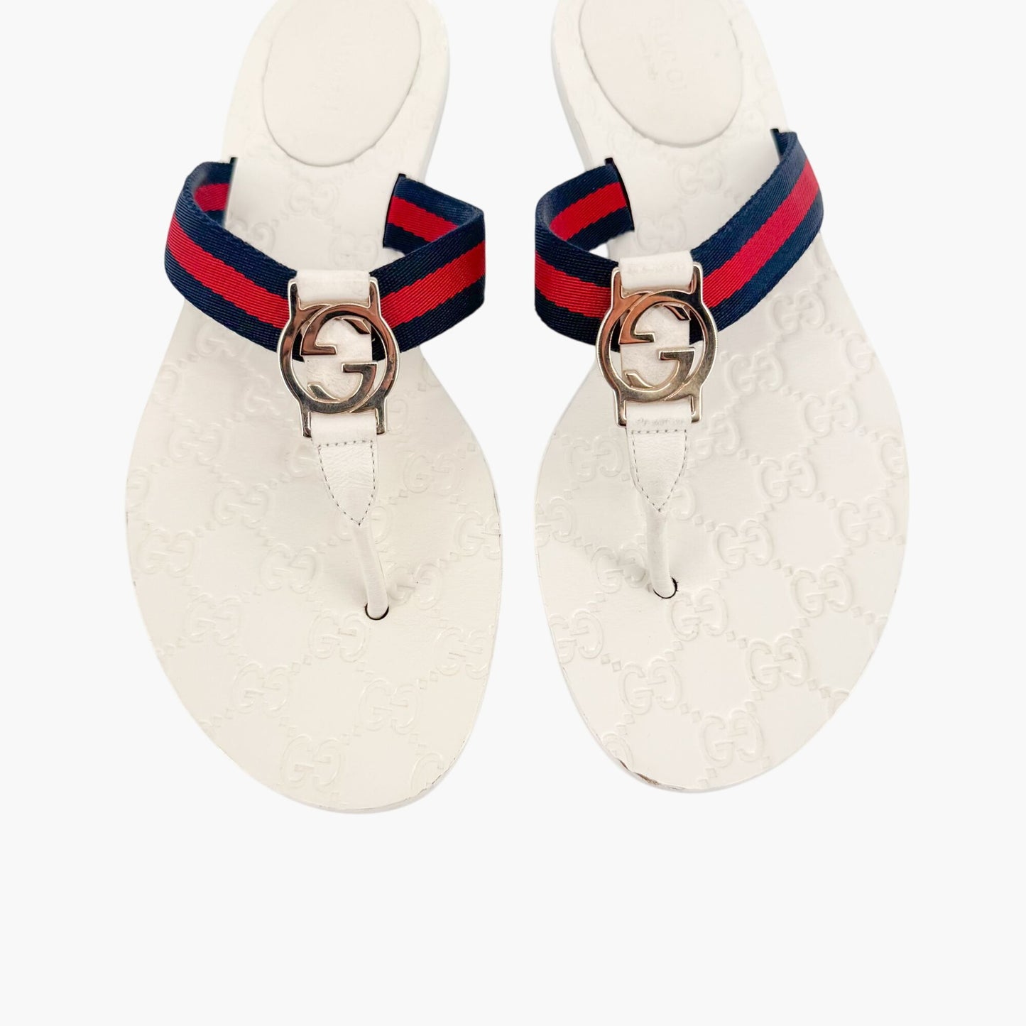 Gucci GG Web Stripe Thong Sandals in White Monogram Leather Size 39.5