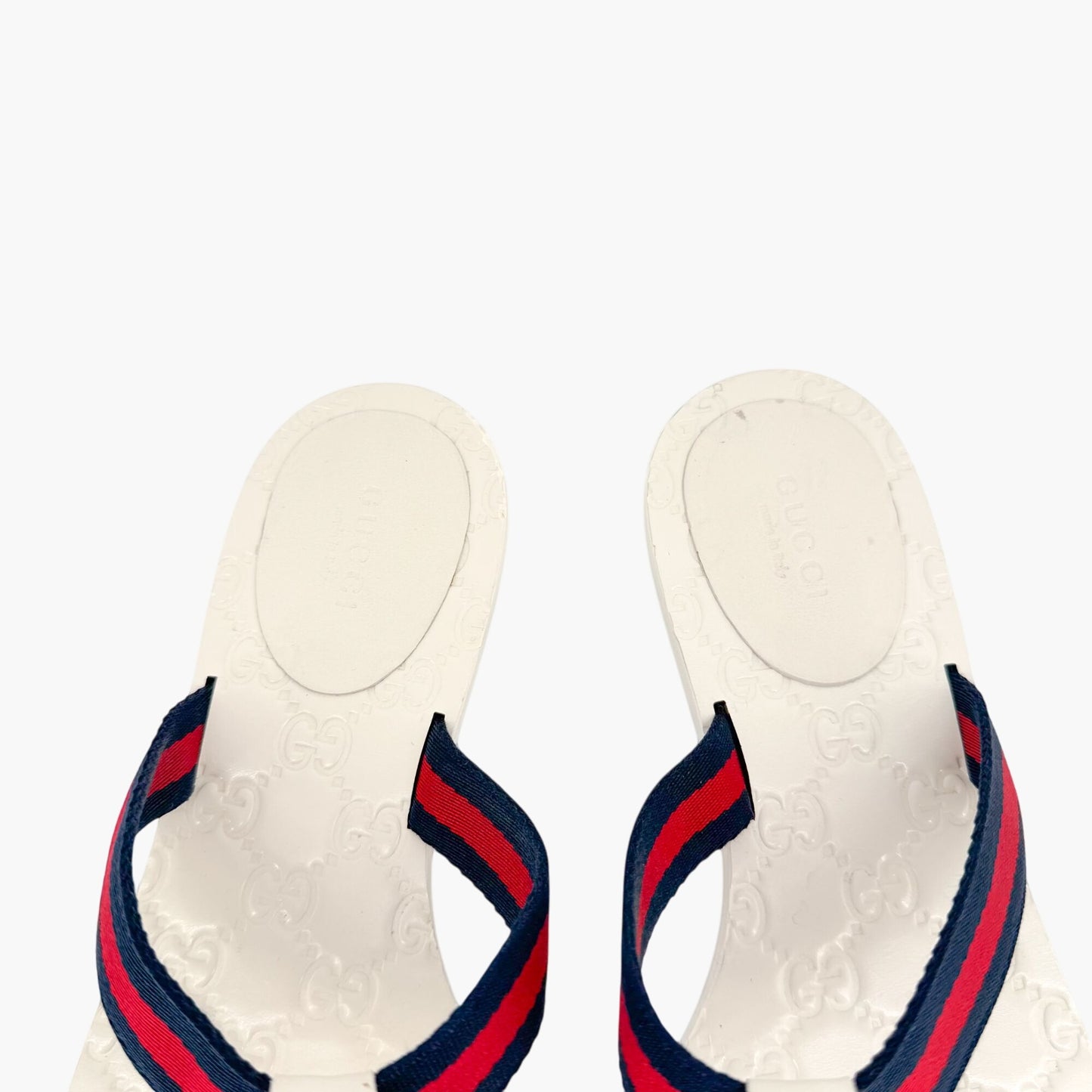 Gucci GG Web Stripe Thong Sandals in White Monogram Leather Size 39.5