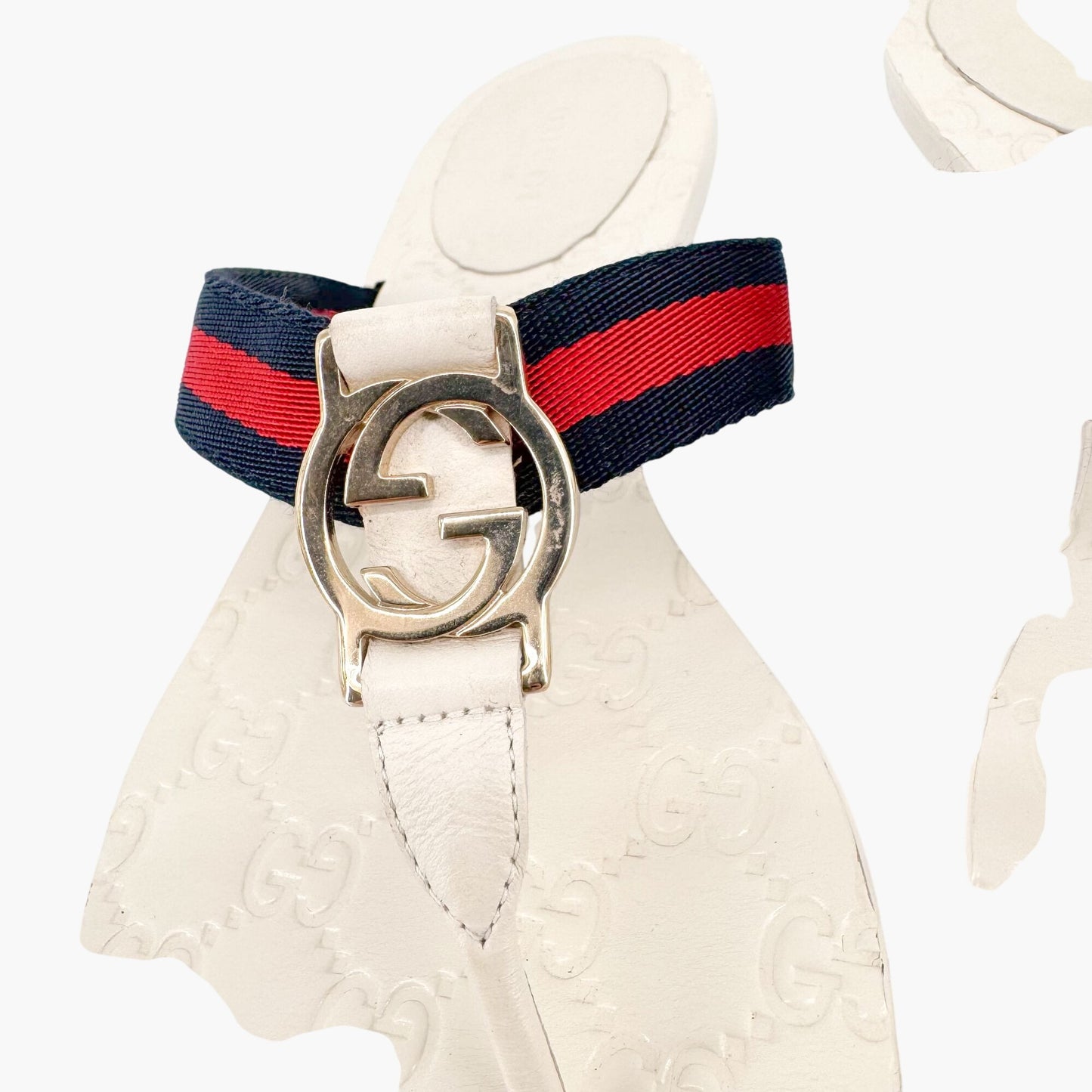 Gucci GG Web Stripe Thong Sandals in White Monogram Leather Size 39.5