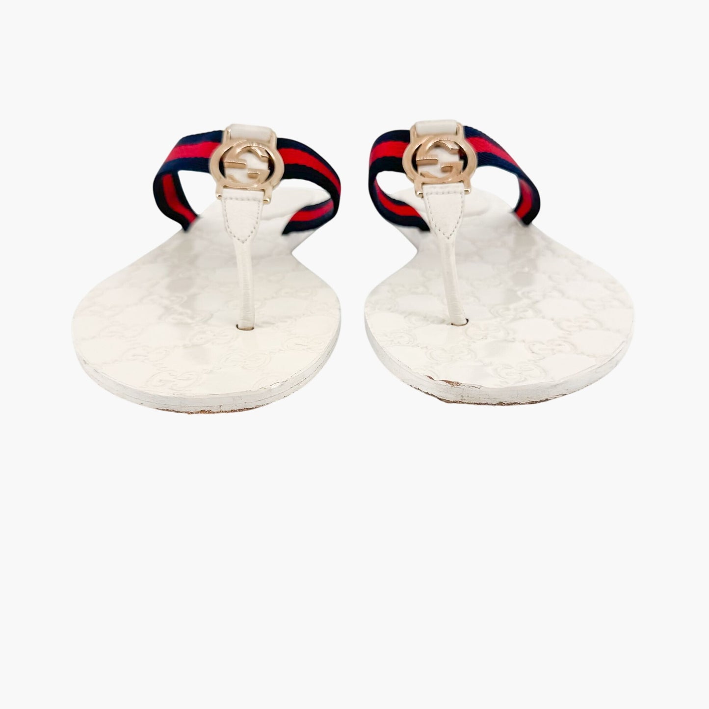 Gucci GG Web Stripe Thong Sandals in White Monogram Leather Size 39.5