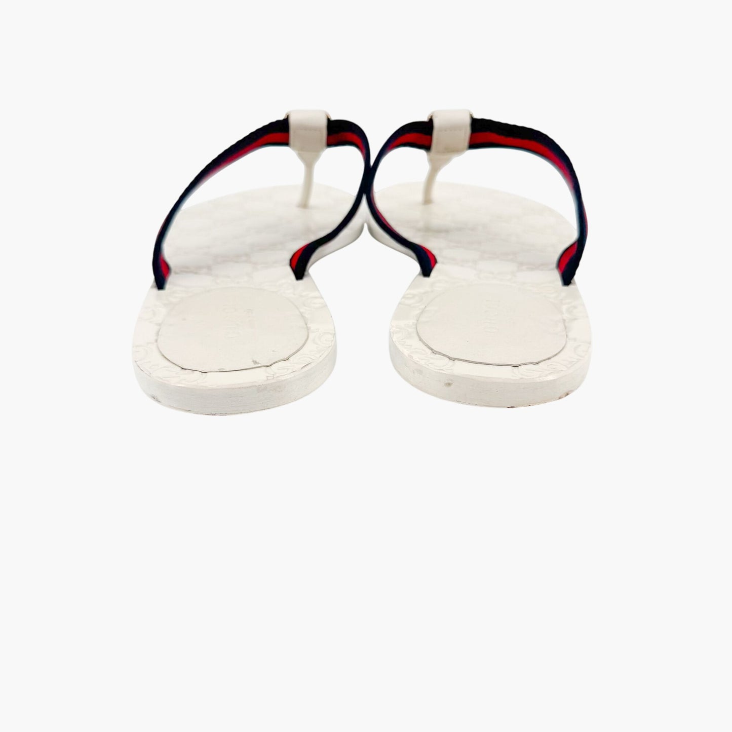 Gucci GG Web Stripe Thong Sandals in White Monogram Leather Size 39.5