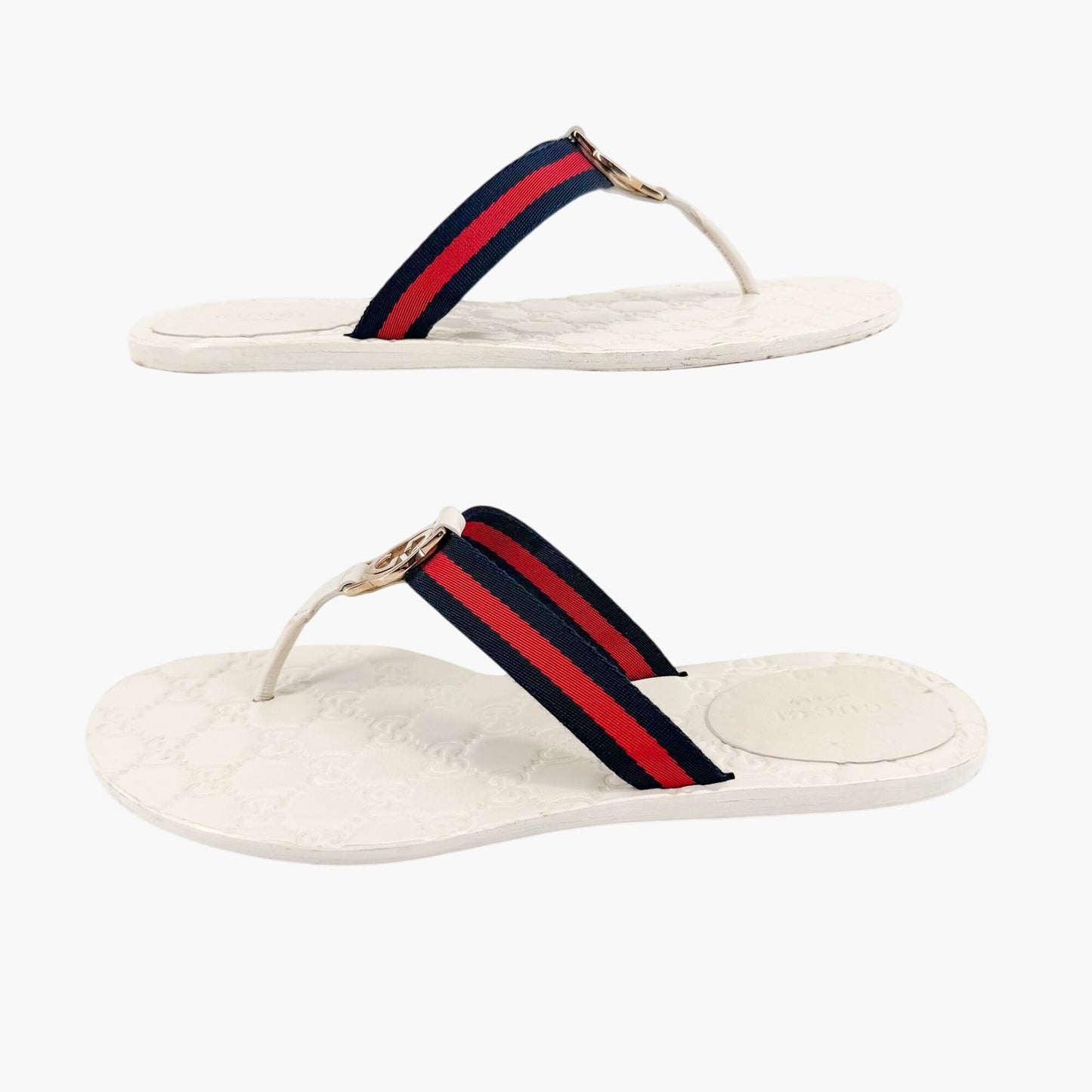 Gucci GG Web Stripe Thong Sandals in White Monogram Leather Size 39.5