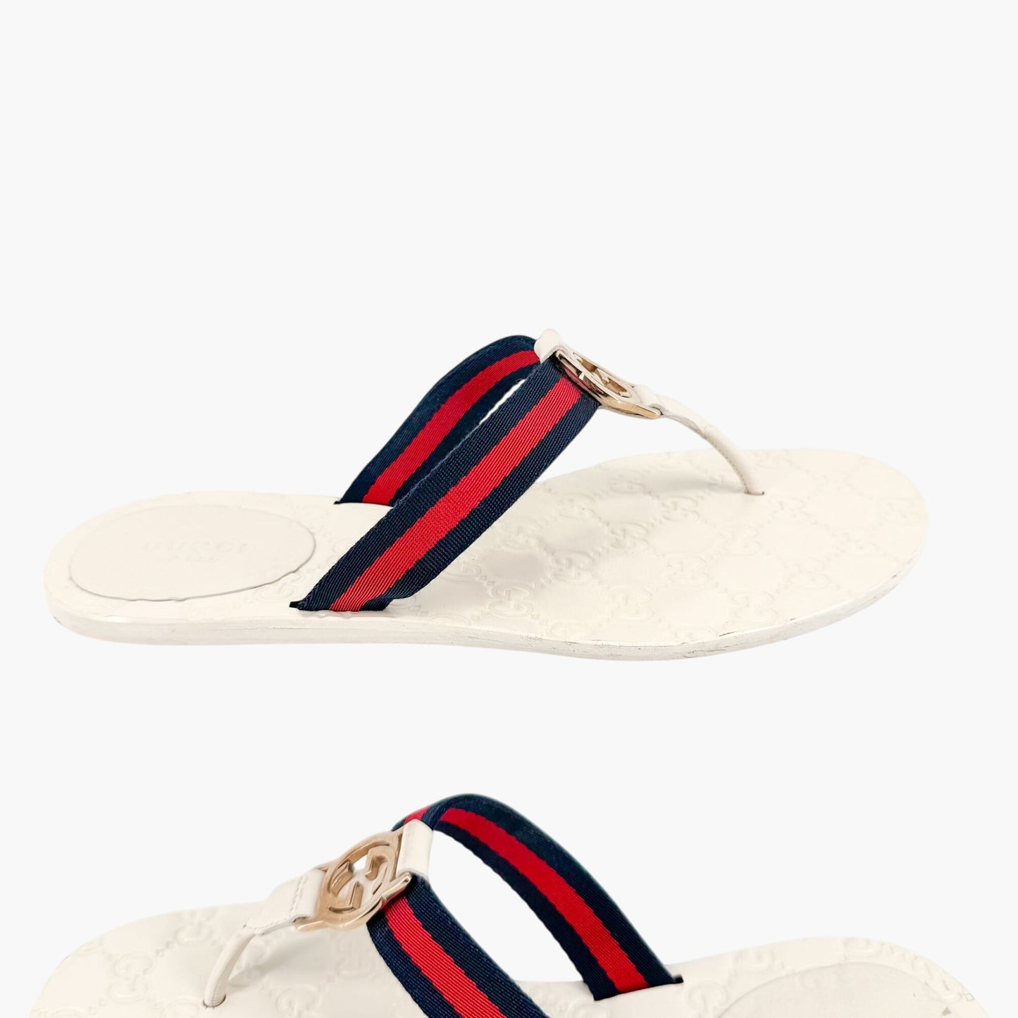 Gucci GG Web Stripe Thong Sandals in White Monogram Leather Size 39.5