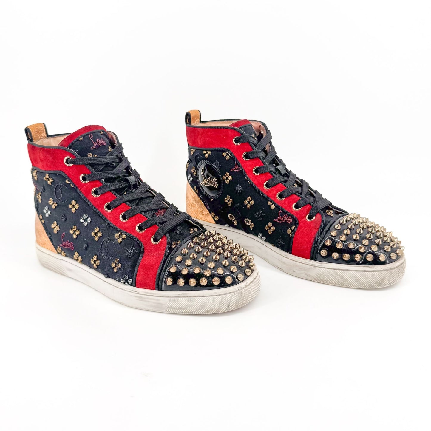 Christian Louboutin Lou Spikes Orlato CL Embroidered High Top Sneakers in Black Size 39