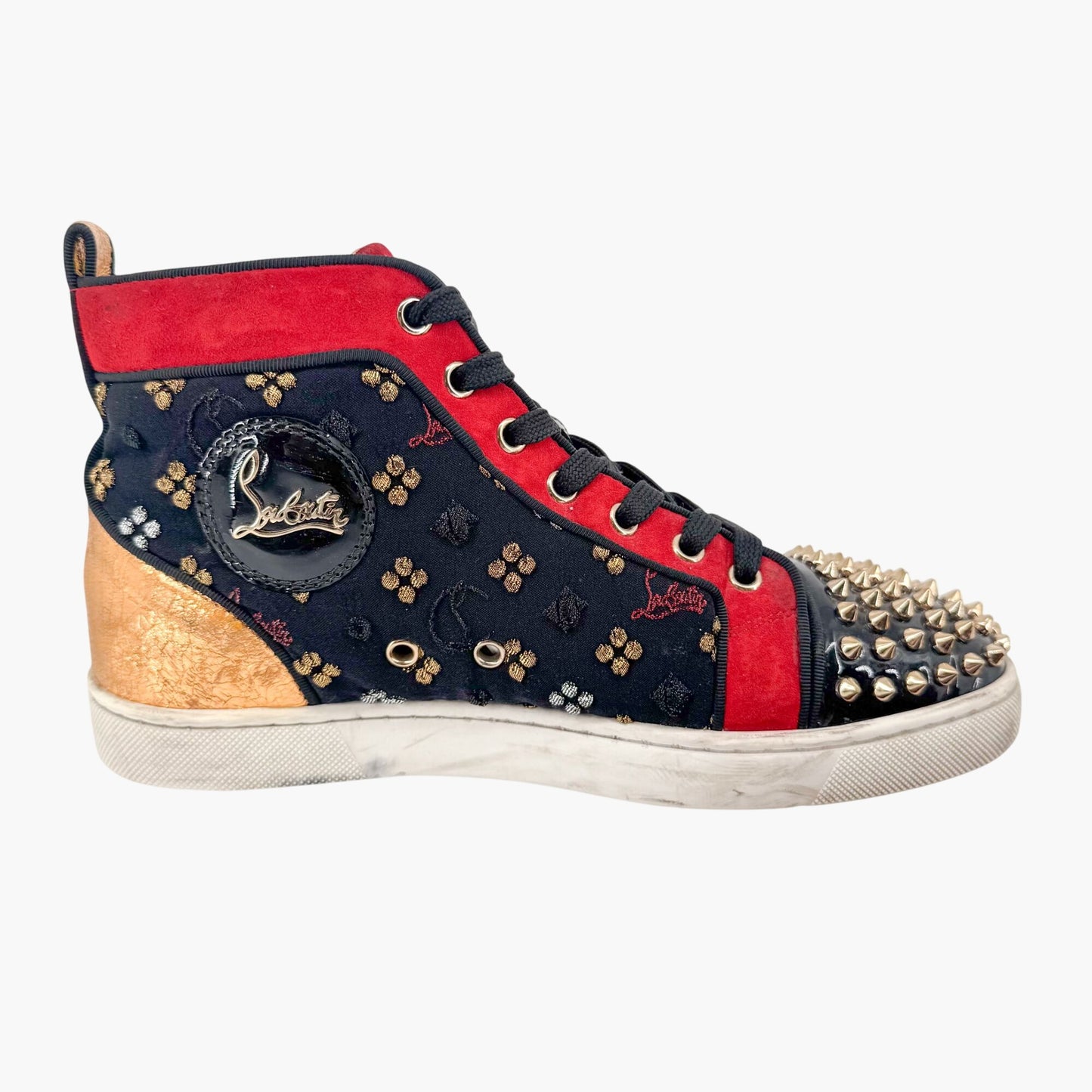 Christian Louboutin Lou Spikes Orlato CL Embroidered High Top Sneakers in Black Size 39