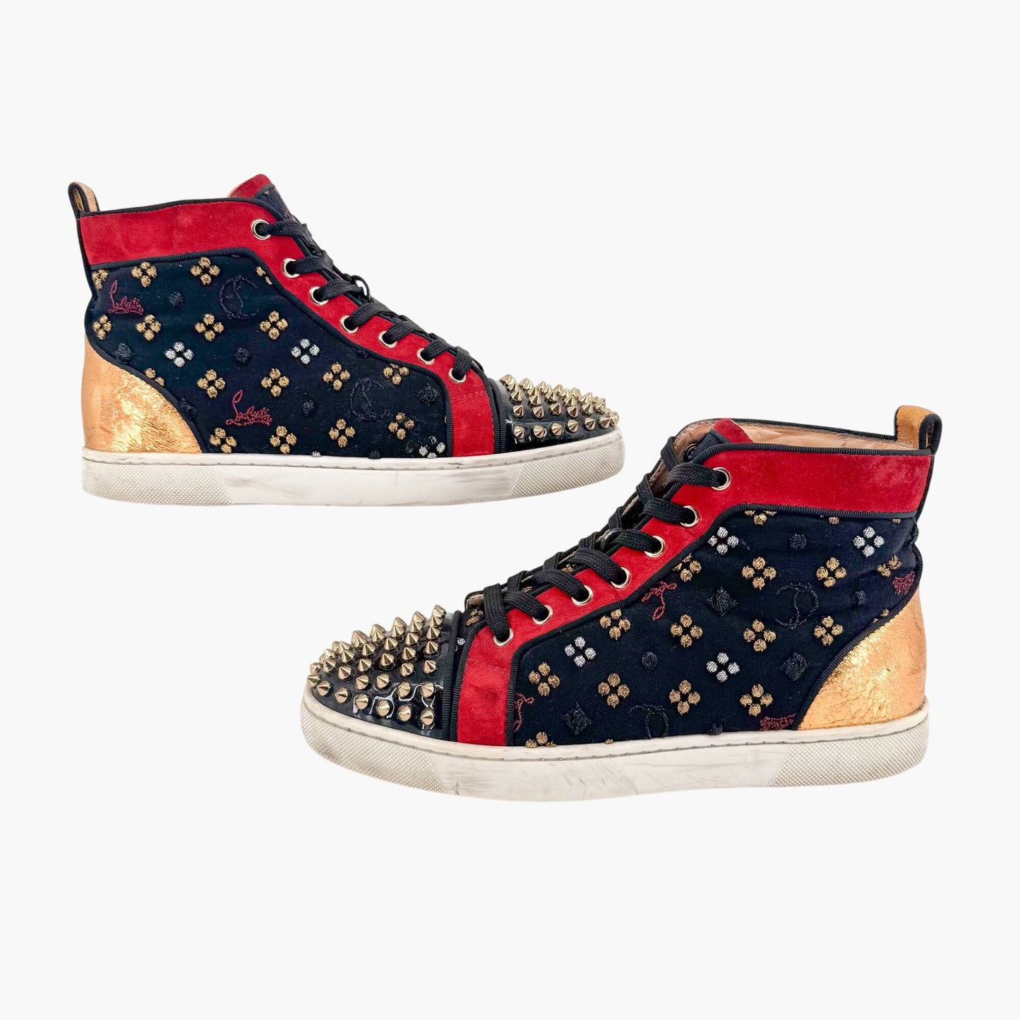 Christian Louboutin Lou Spikes Orlato CL Embroidered High Top Sneakers in Black Size 39