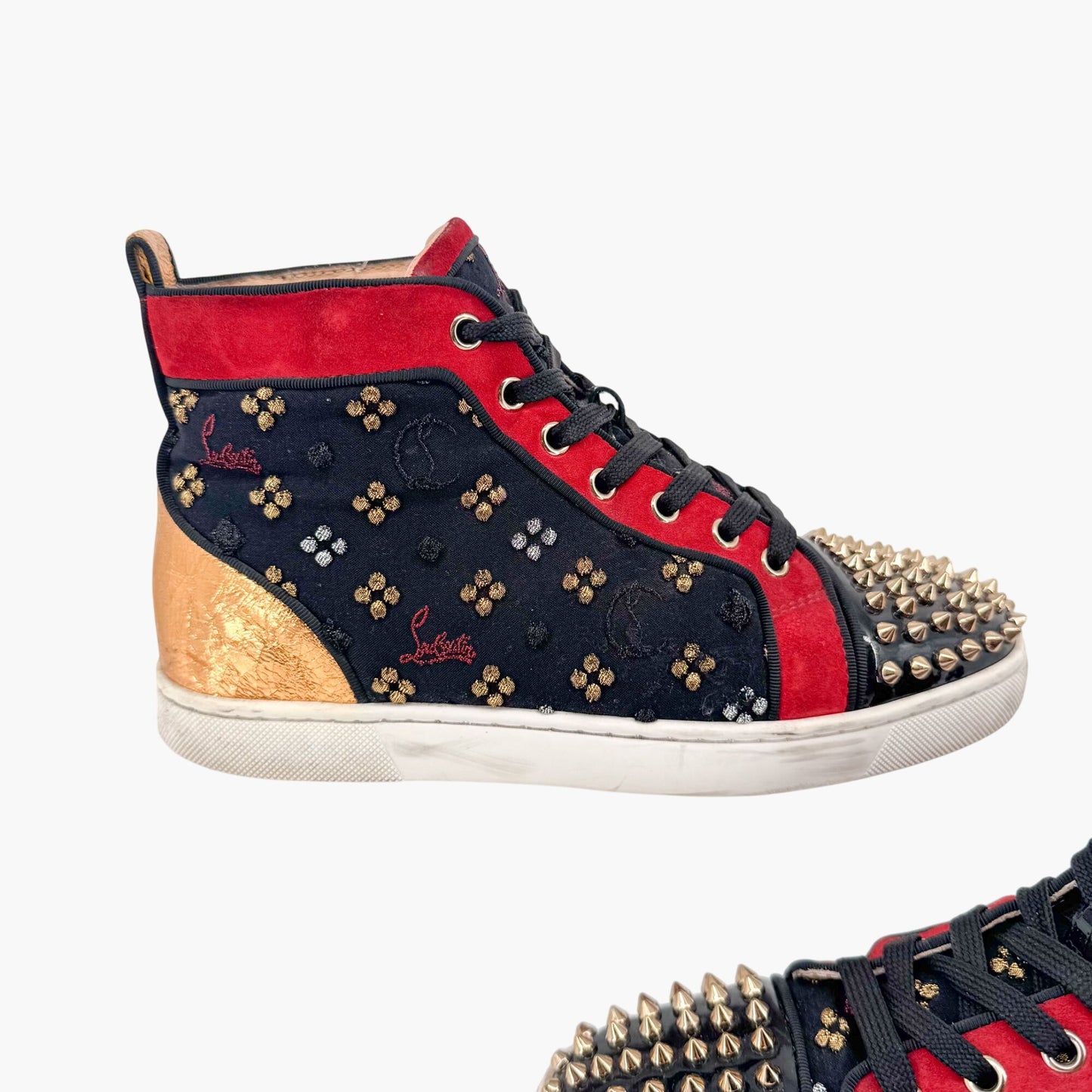 Christian Louboutin Lou Spikes Orlato CL Embroidered High Top Sneakers in Black Size 39