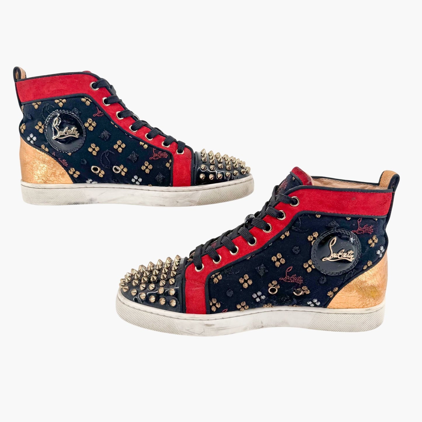 Christian Louboutin Lou Spikes Orlato CL Embroidered High Top Sneakers in Black Size 39