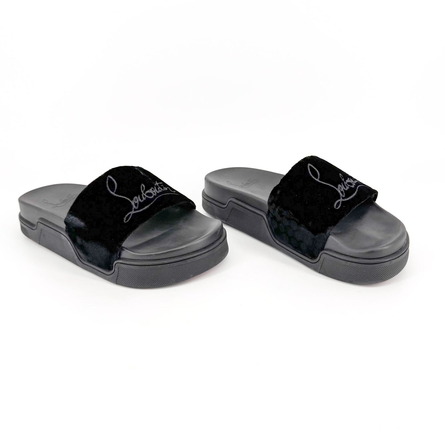 Christian Louboutin "Navy Pool" Logo Embroidered Slide Sandals in Black Velvet Size 37