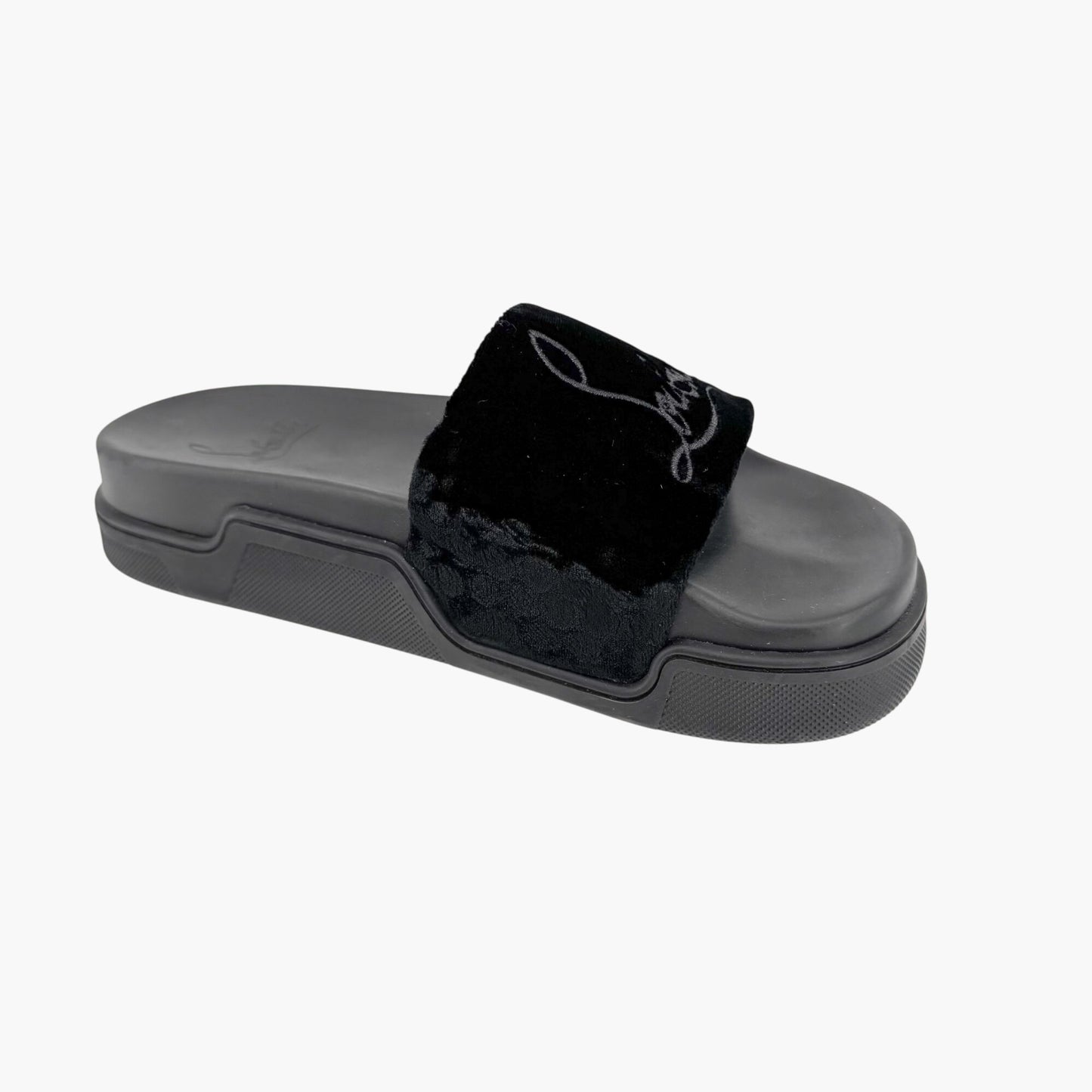 Christian Louboutin "Navy Pool" Logo Embroidered Slide Sandals in Black Velvet Size 37