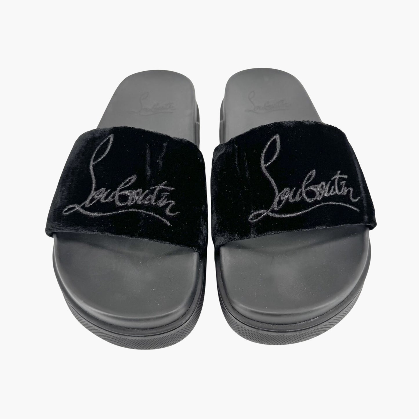 Christian Louboutin "Navy Pool" Logo Embroidered Slide Sandals in Black Velvet Size 37