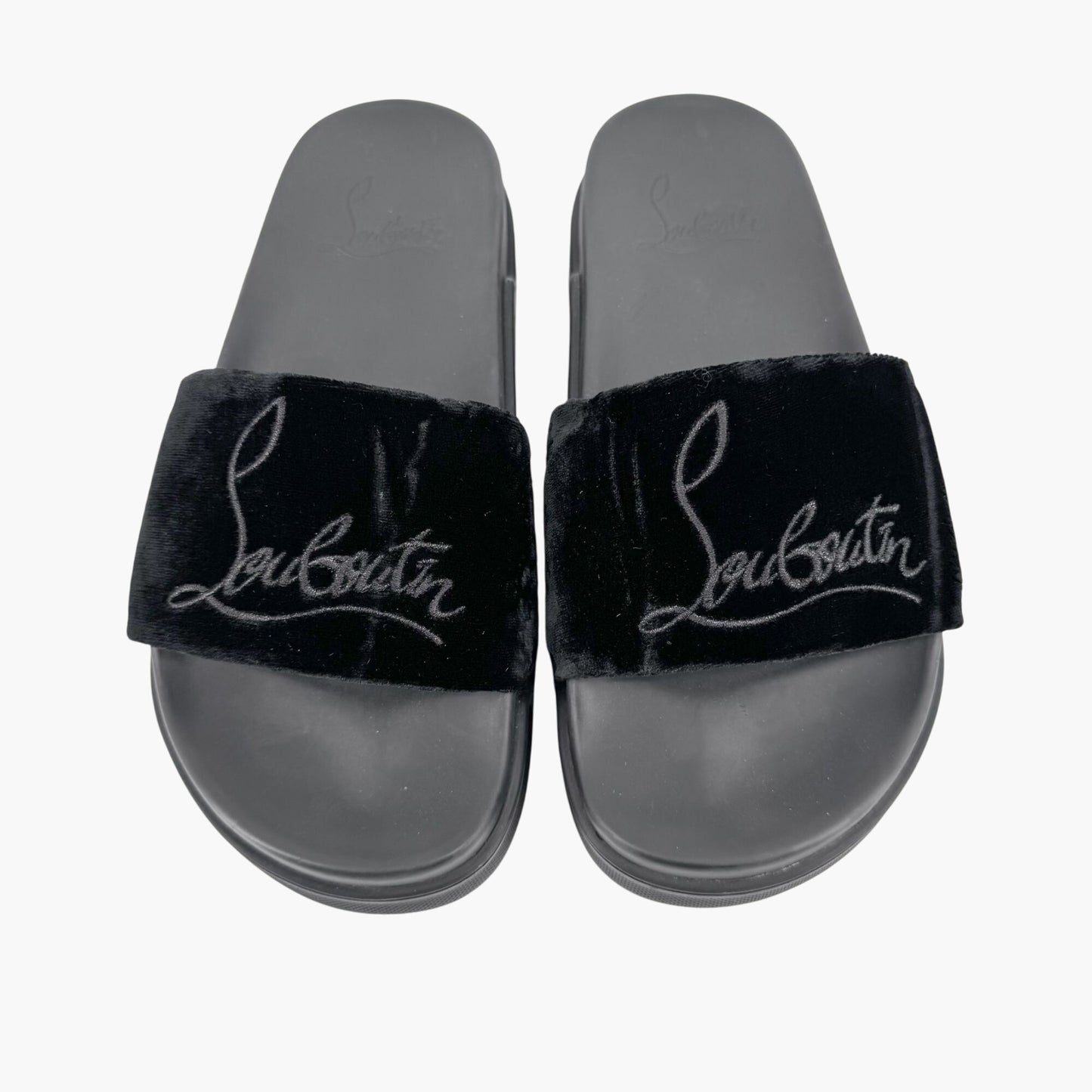 Christian Louboutin "Navy Pool" Logo Embroidered Slide Sandals in Black Velvet Size 37