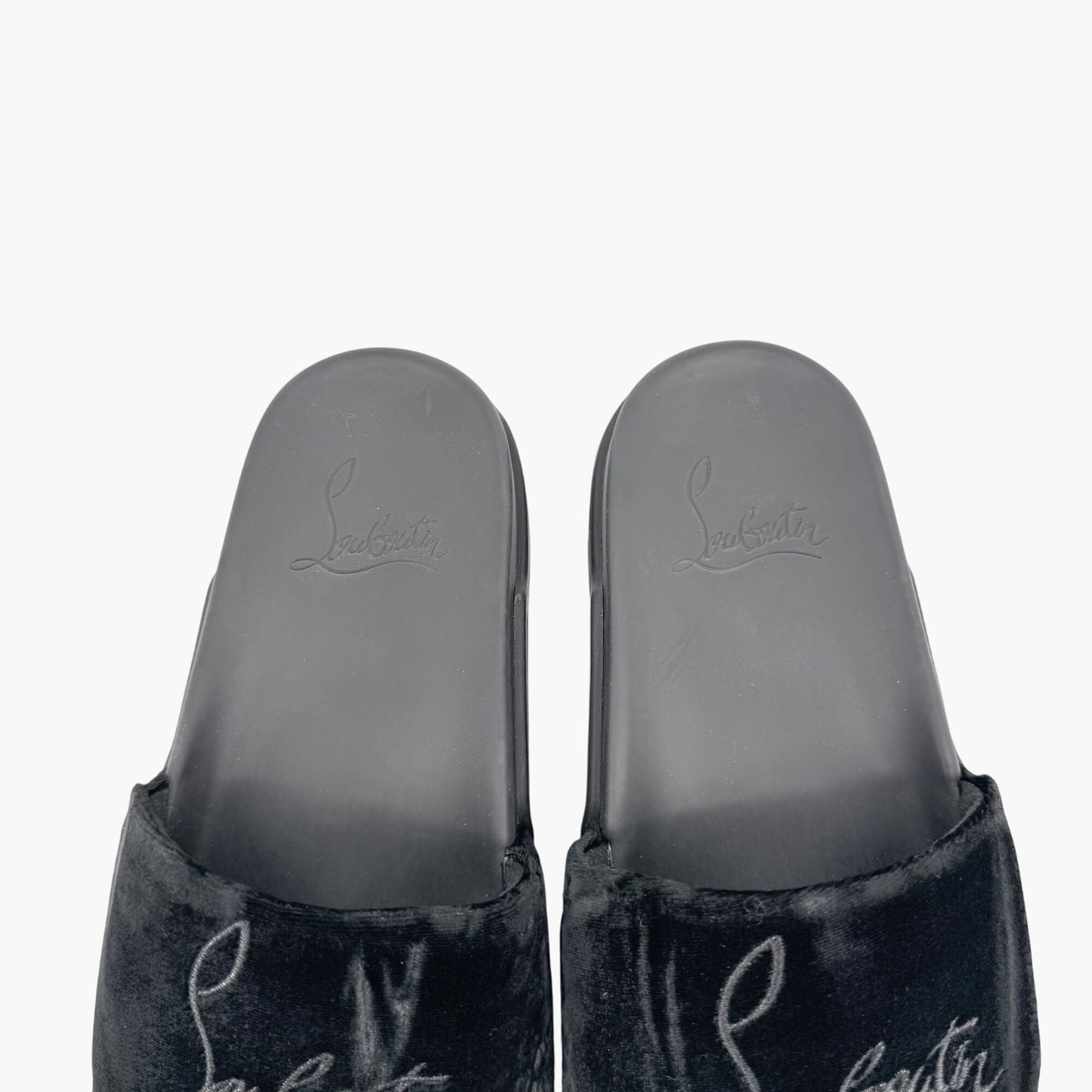Christian Louboutin "Navy Pool" Logo Embroidered Slide Sandals in Black Velvet Size 37