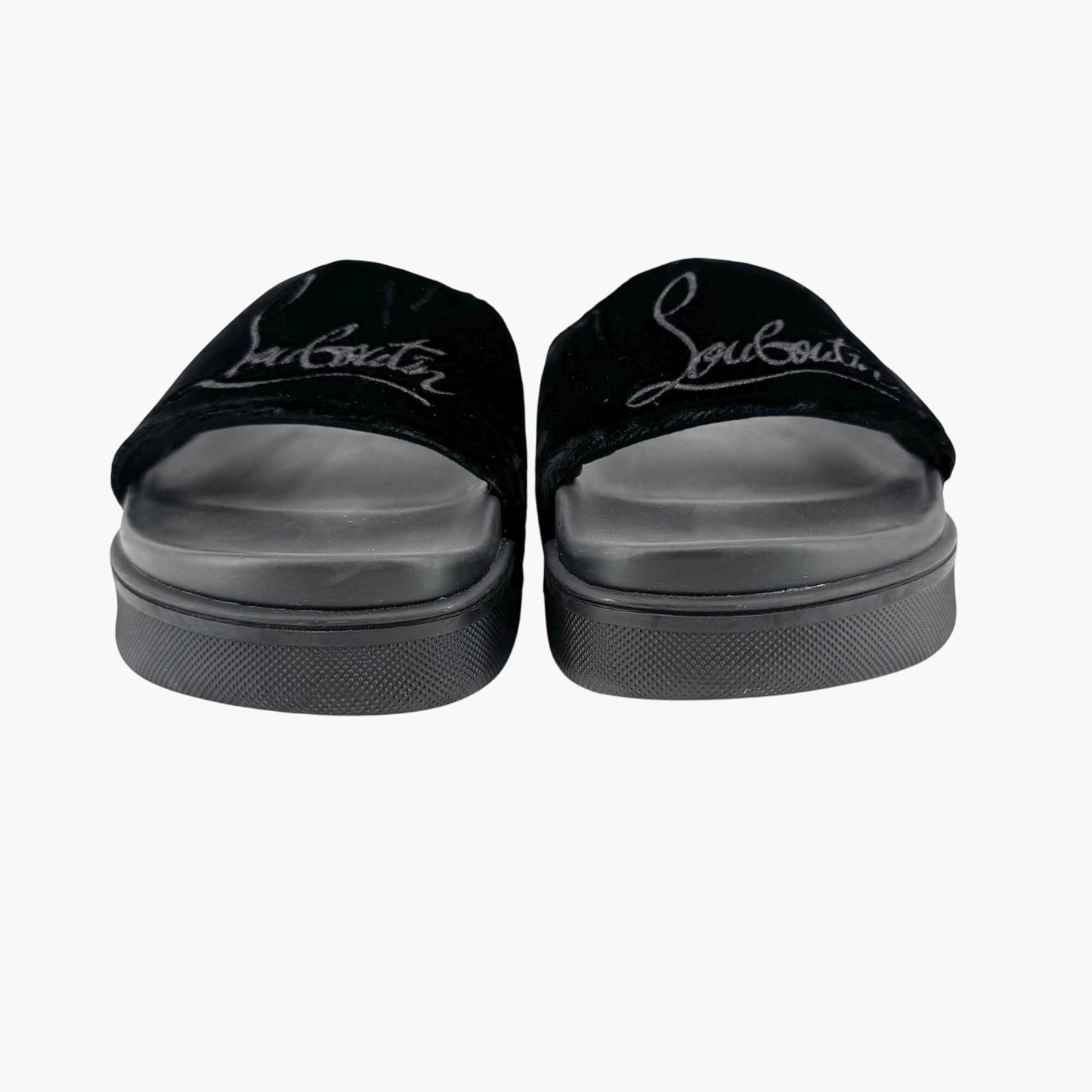 Christian Louboutin "Navy Pool" Logo Embroidered Slide Sandals in Black Velvet Size 37