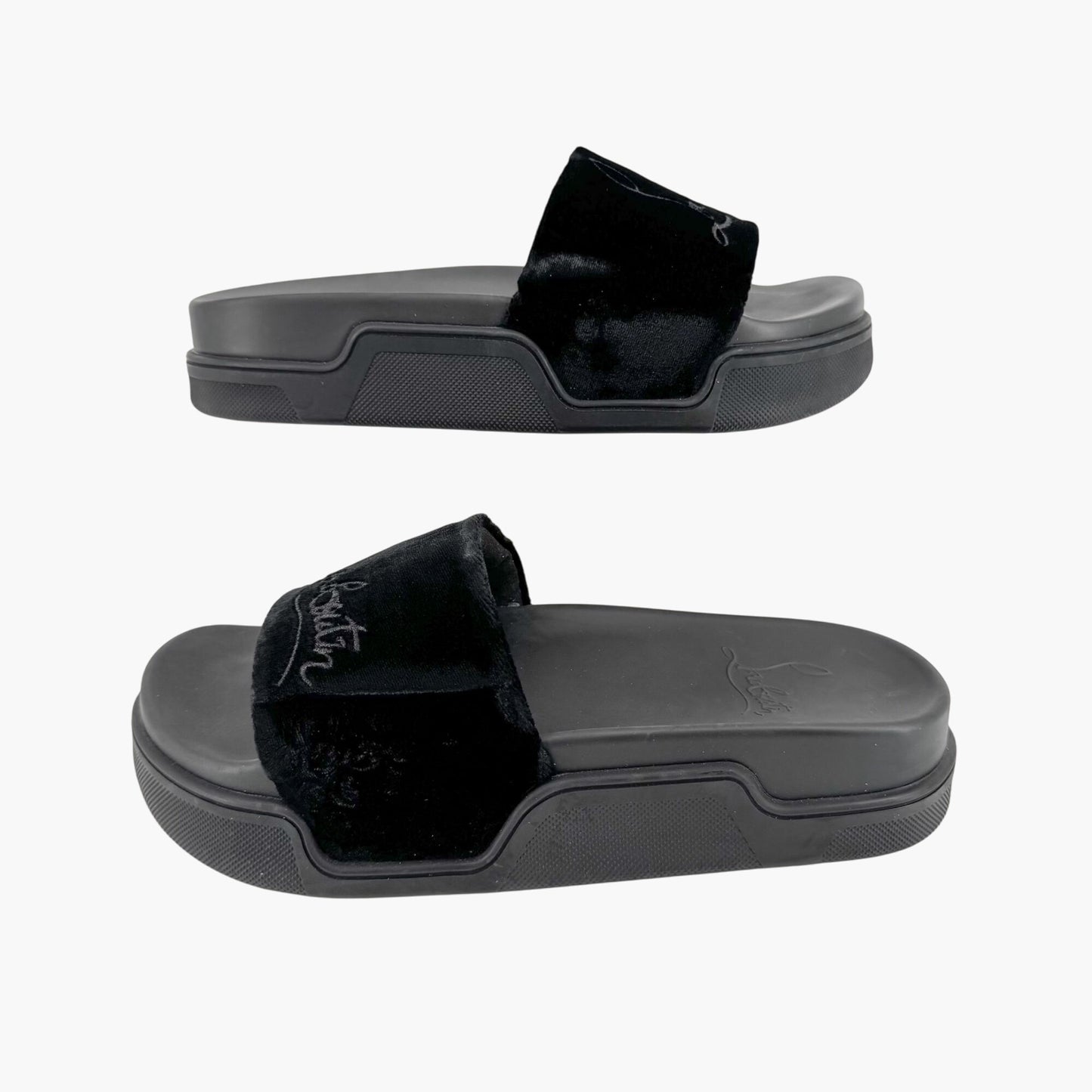 Christian Louboutin "Navy Pool" Logo Embroidered Slide Sandals in Black Velvet Size 37