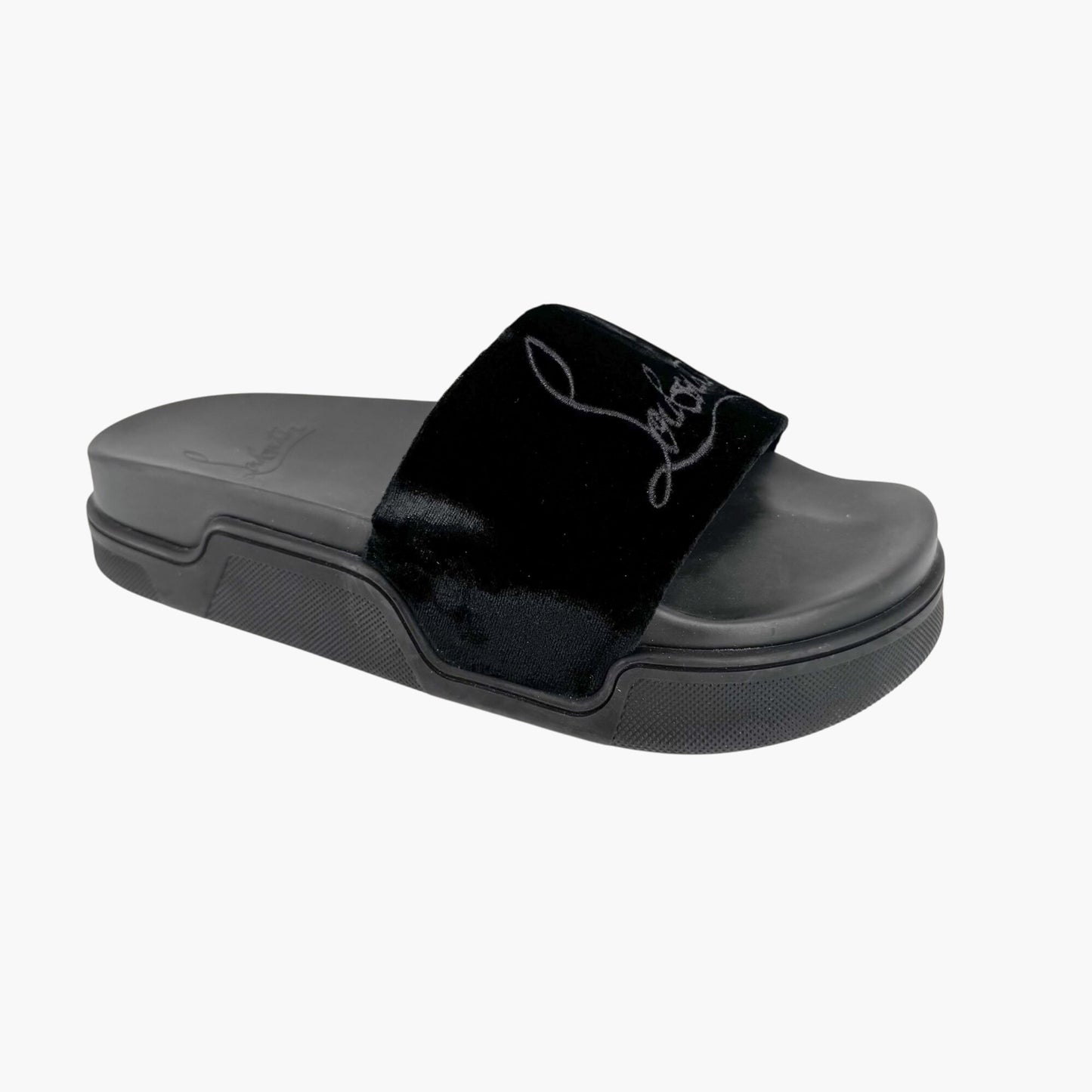 Christian Louboutin "Navy Pool" Logo Embroidered Slide Sandals in Black Velvet Size 37