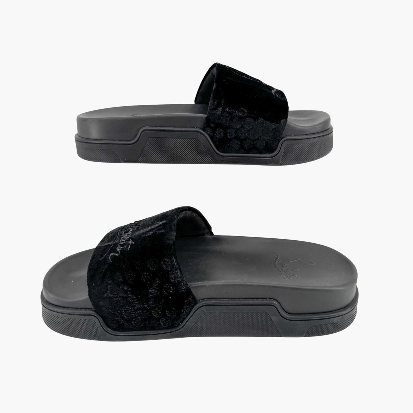 Christian Louboutin "Navy Pool" Logo Embroidered Slide Sandals in Black Velvet Size 37