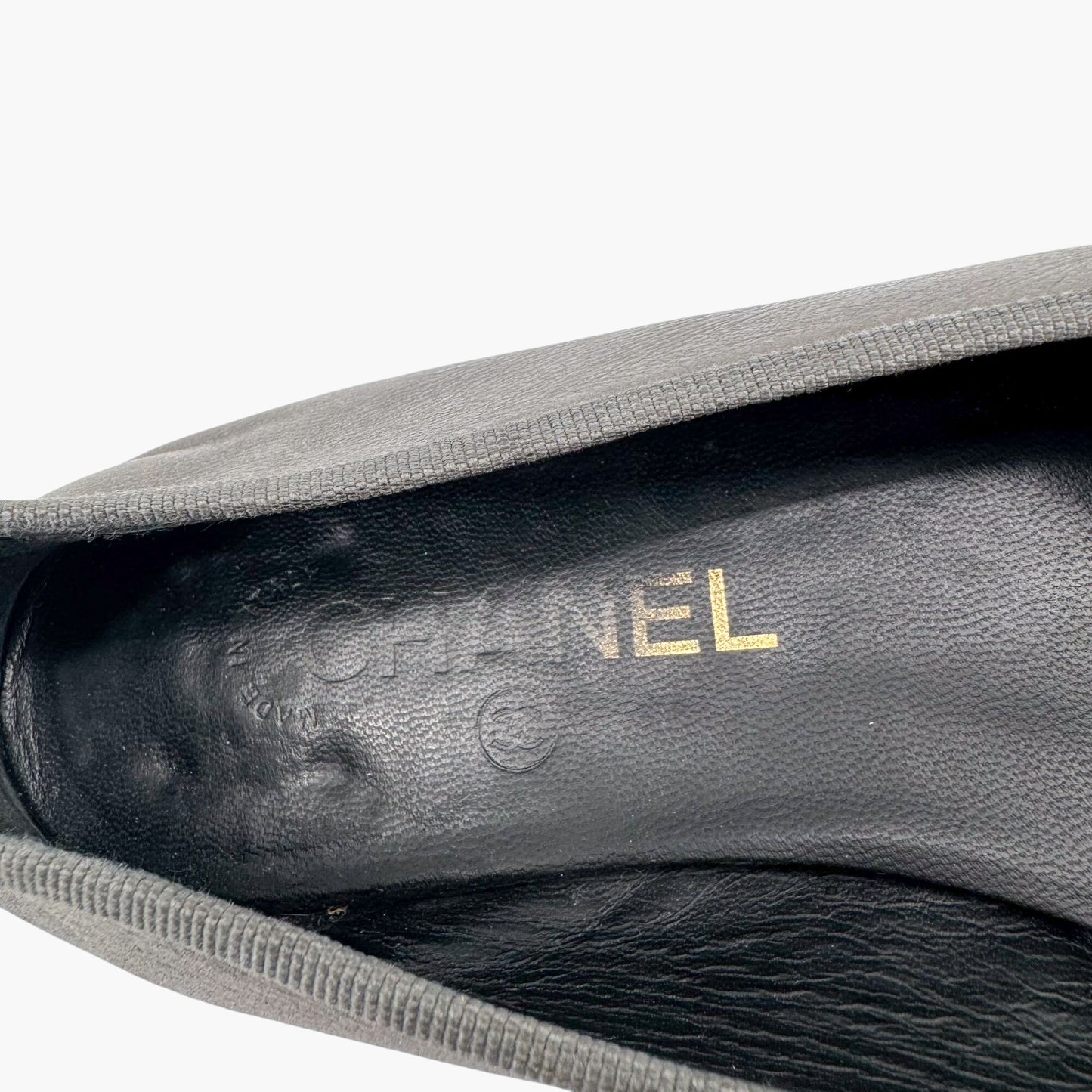 Chanel CC Cap Toe Ballerina Flats in Metallic Grey Leather – Size 38
