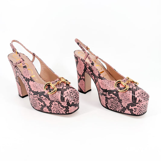 Gucci Baby 120 Horsebit Platform Slingback Pumps in Pink Python Leather Size 38.5