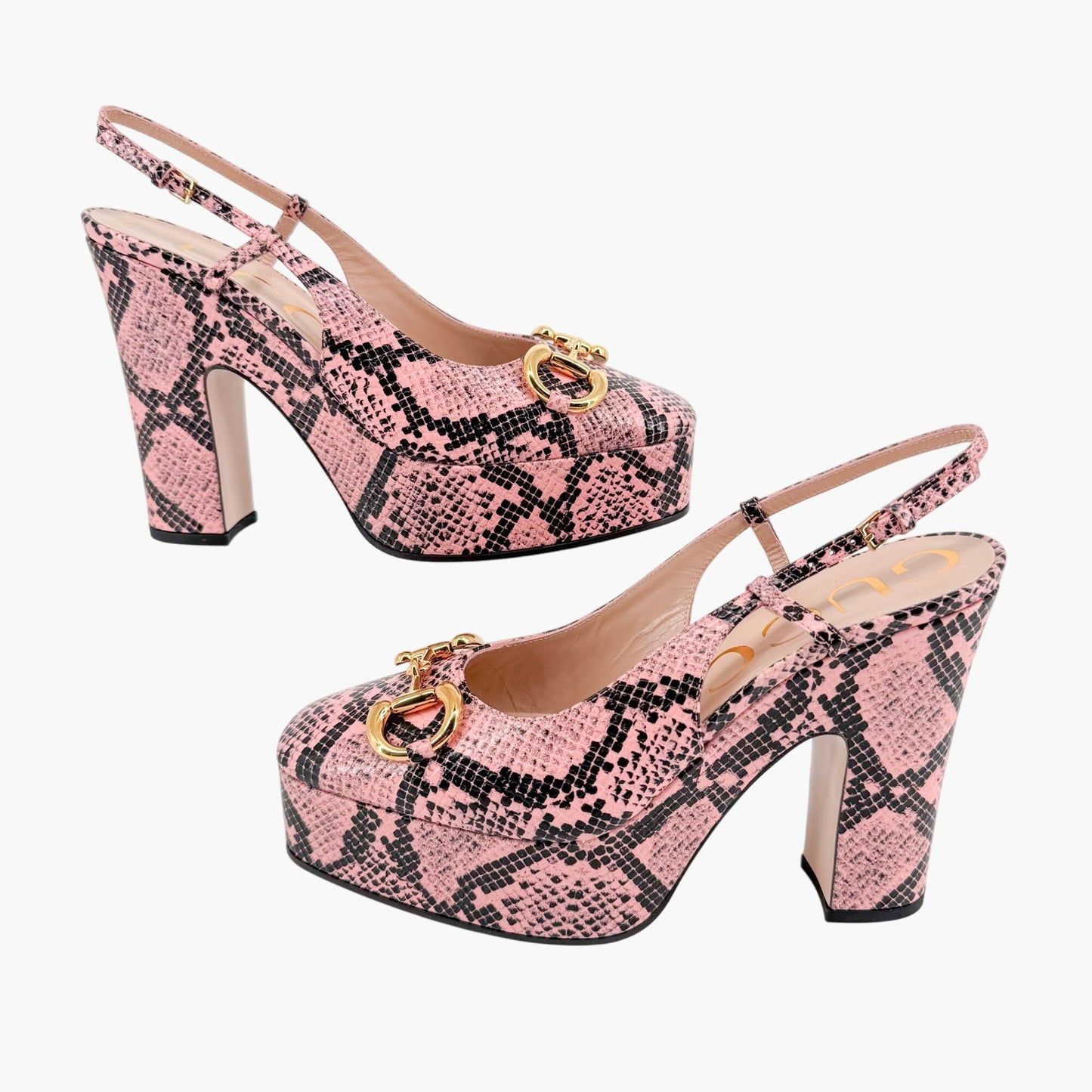 Gucci Baby 120 Horsebit Platform Slingback Pumps in Pink Python Leather Size 38.5