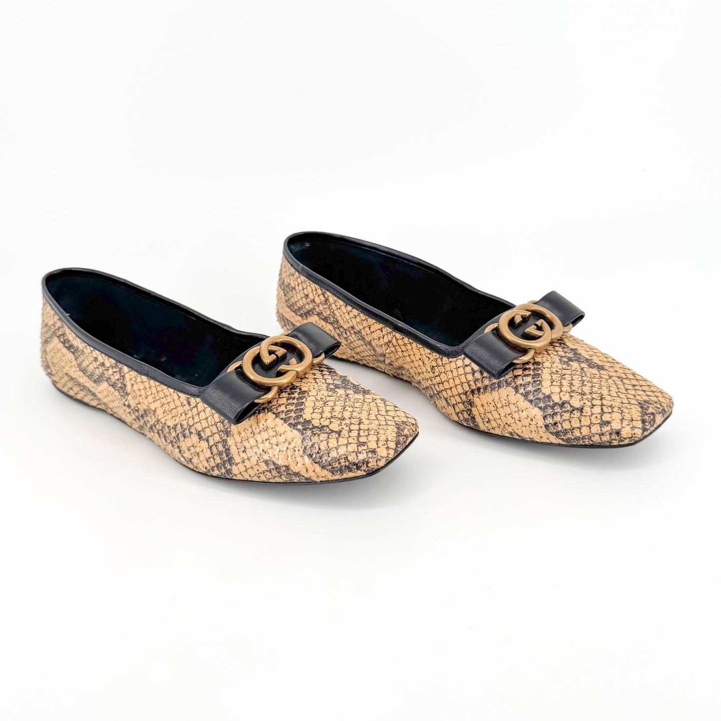 Gucci Evi Interlocking GG Lace Up Ballet Flats in Beige Python Snake Size 37.5