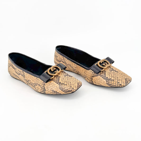 Gucci Evi Interlocking GG Lace Up Ballet Flats in Beige Python Snake Size 37.5