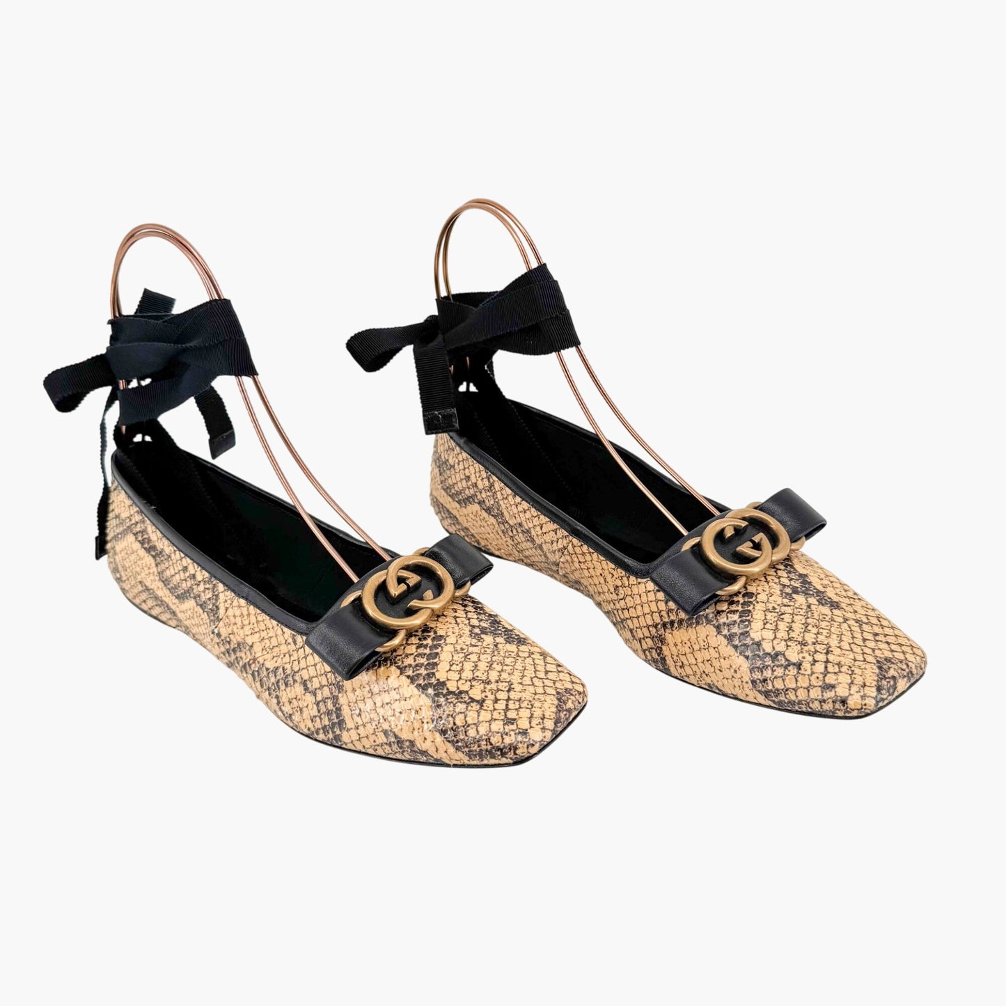 Gucci Evi Interlocking GG Lace Up Ballet Flats in Beige Python Snake Size 37.5