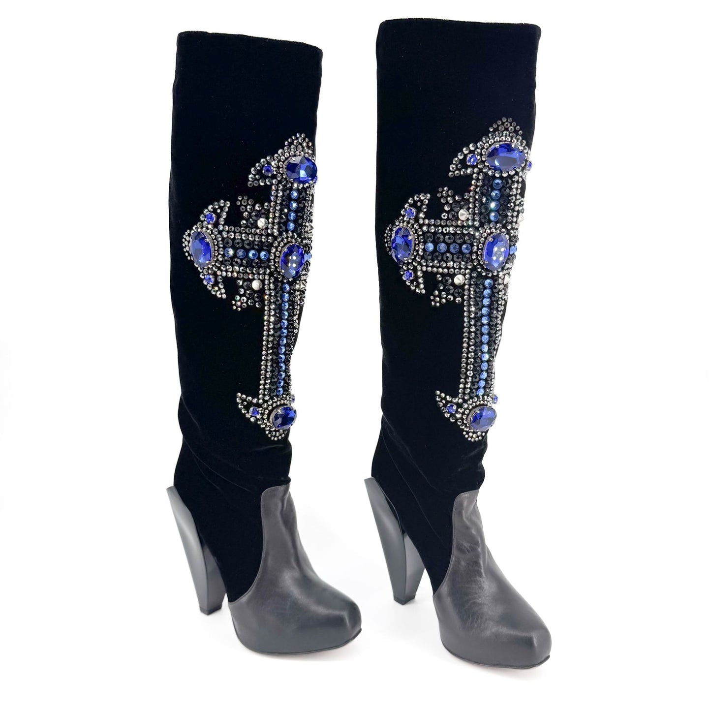 Versace Crystal-Embellished Cross Knee High Boots in Black Velvet and Leather Size 37