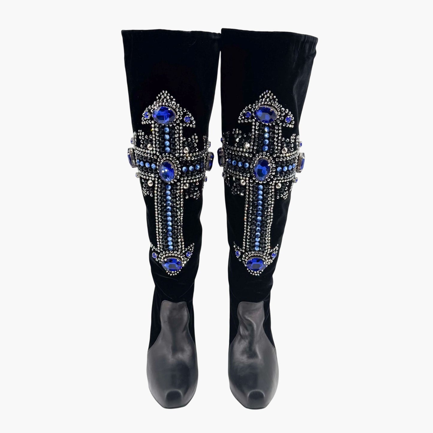 Versace Crystal-Embellished Cross Knee High Boots in Black Velvet and Leather Size 37
