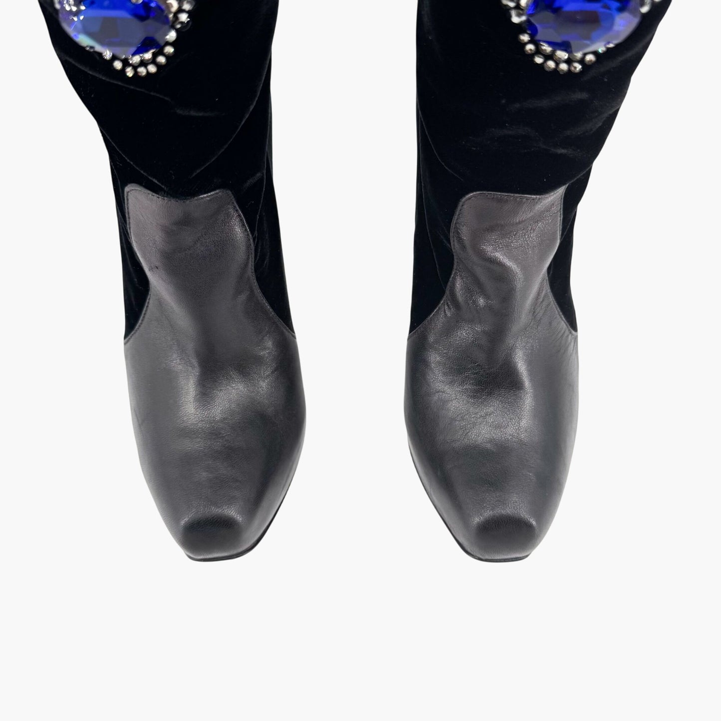 Versace Crystal-Embellished Cross Knee High Boots in Black Velvet and Leather Size 37