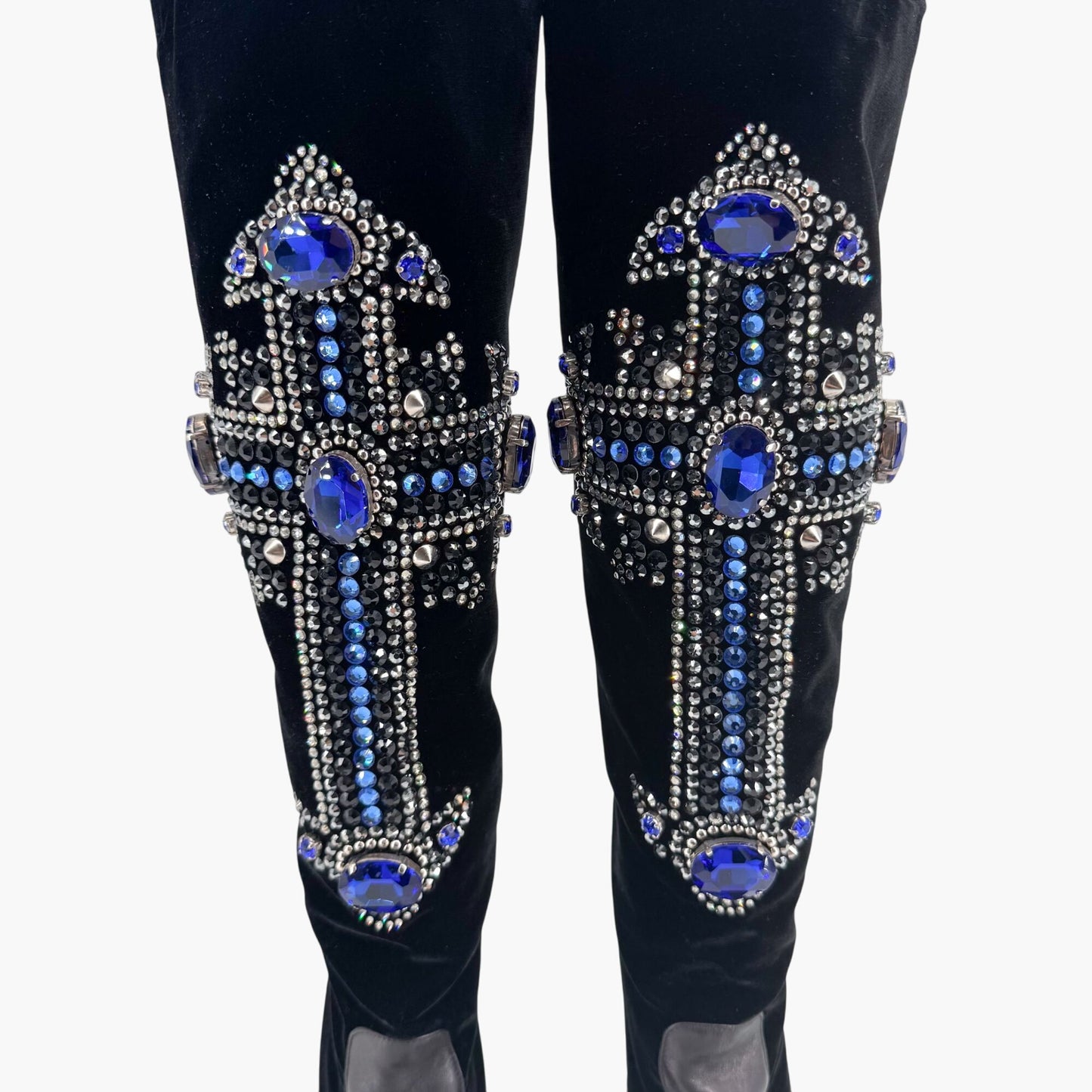Versace Crystal-Embellished Cross Knee High Boots in Black Velvet and Leather Size 37